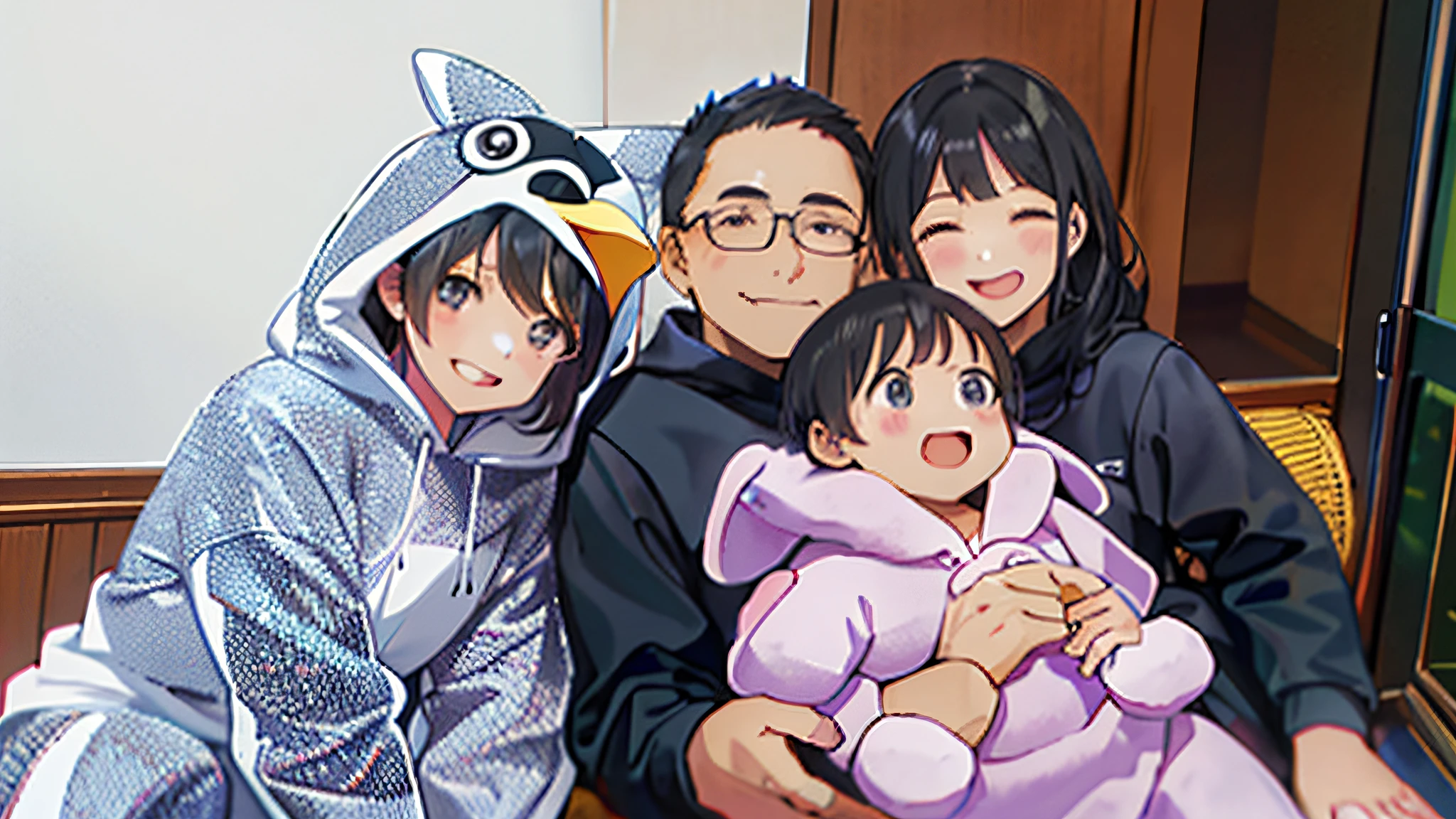 Anime character posing with baby lying on bed, Happy family, pixiv, Japanese cartoon, Wow wow wow, nagatoro, In Pixiv, Pixiv has the highest rating, Anime cute art style, pixiv daily ranking, anime-twitter, Pixiv style, Pixiv trends, Popularity on pixiv, Popular topics on pixiv