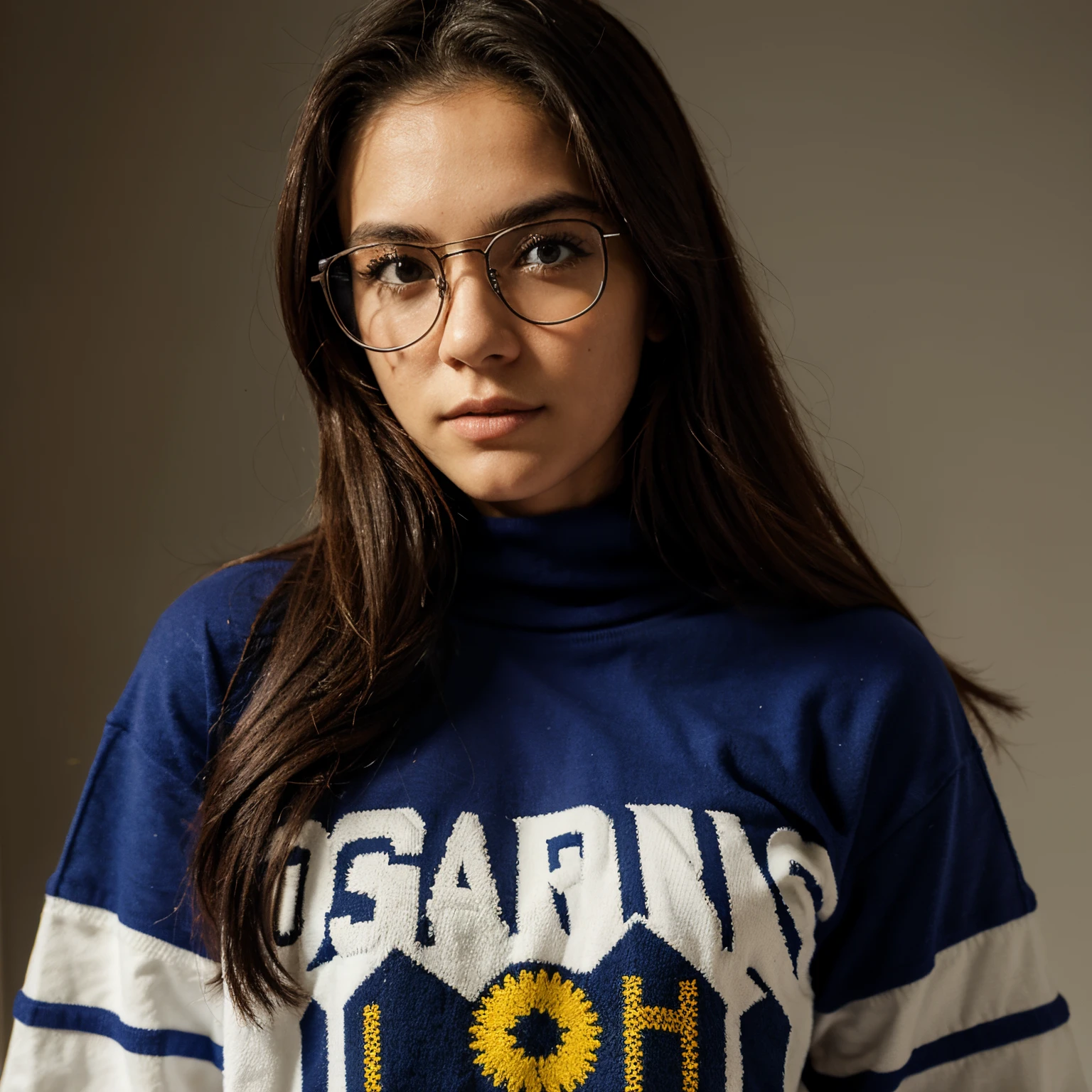 Um rapaz loiro de olhos castanho. Tem 18 anos e usa moletom e oculos