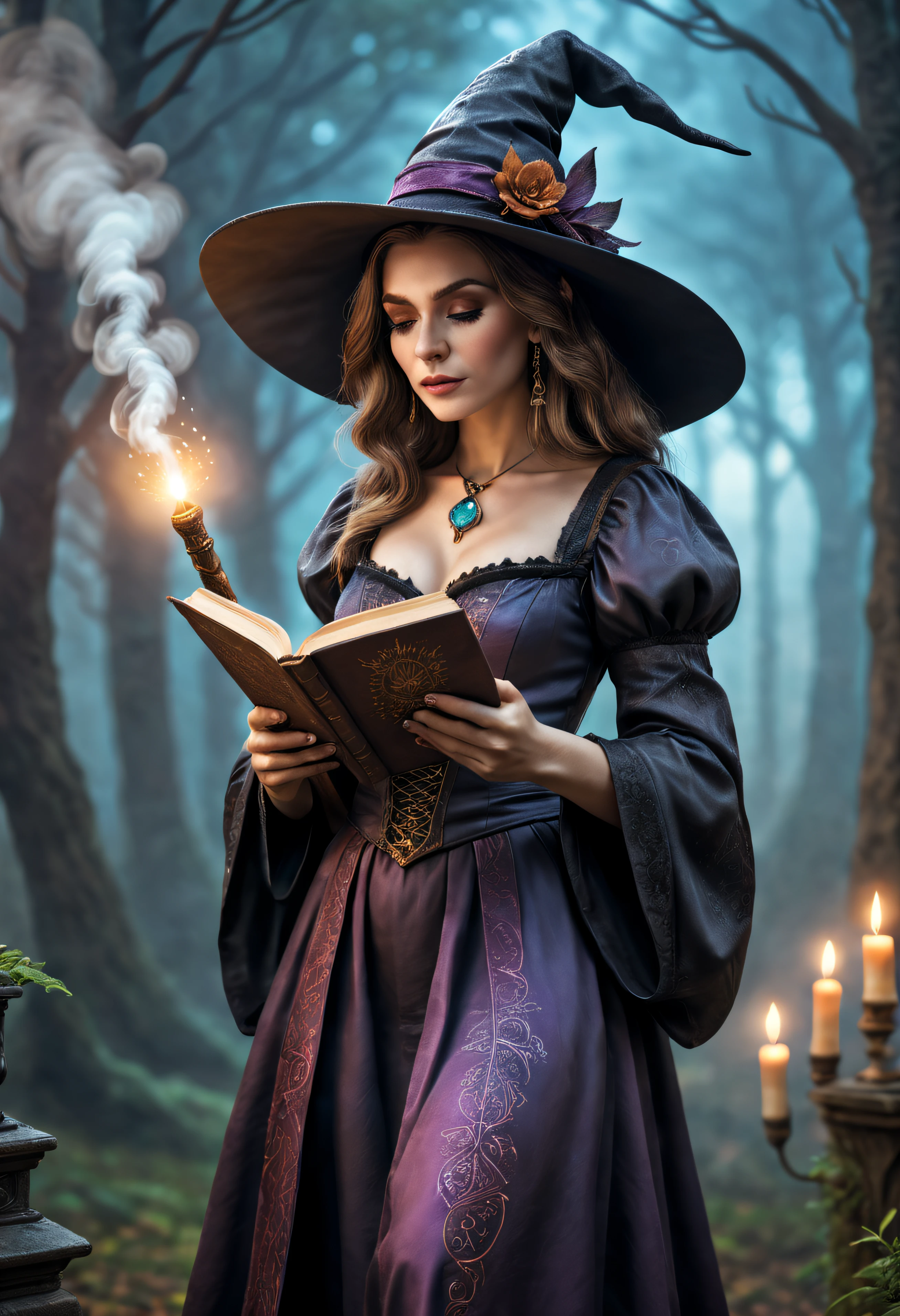 (meilleur qualité,Haute résolution),Belle sorcière détaillée,fantaisie,tenue de sorcière,baguette détaillée,Harry Potter,Style d’illustration,couleurs éclatantes,ambiance jardin enchanté,Effets de fumée et de brume,atmosphère magique,livre de sorts,Familier de la sorcière,Ciel éclairé par la lune,Sorcellerie ancienne,runes rougeoyantes, fantasque, Envoûtant