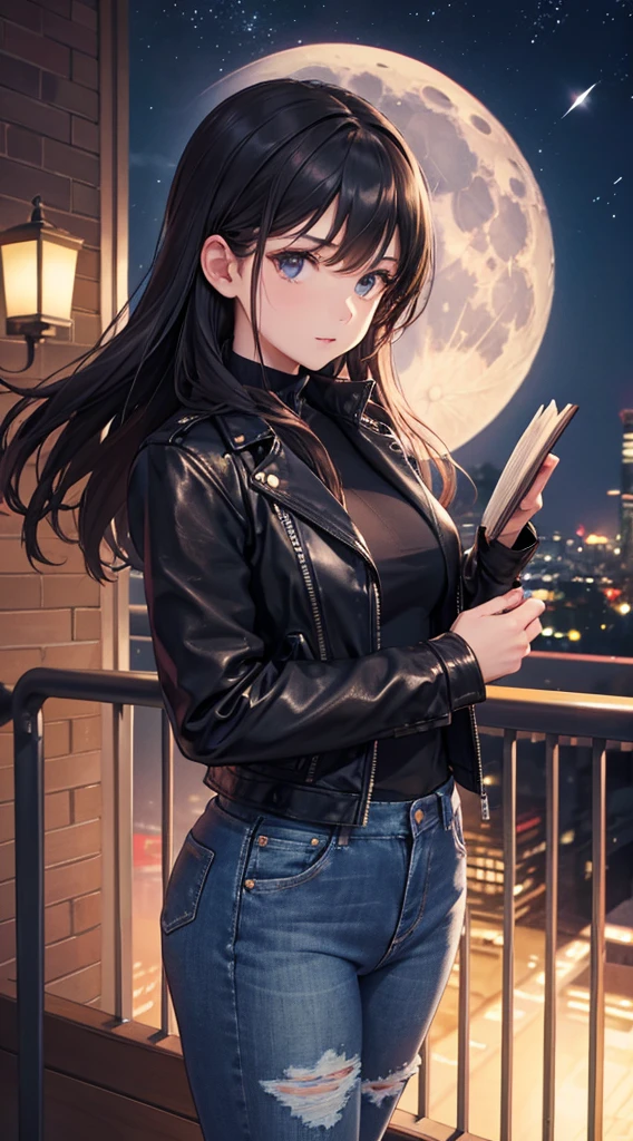 1 Downer woman(Holding an open book in your hand),leather jackets,jeans,Short boots,Looking up at the moon,Standing on Balcony,Midnight,4K,High quality,Ultra Detail,super precision,masutepiece,Focus on the upper body。