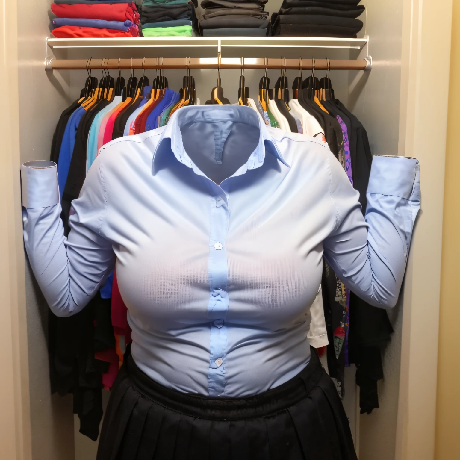 chubby, fat, (in closet, on hanger:1.5), blue stripe tie, school tie, school uniform, (cute pose), (invisible, no humans, headless, faceless:1.5), (cute big breasts), (close-up shot of breasts), (8k, RAW photo, best quality, masterpiece:1.2), (realistic, photo-realistic:1.37), photon mapping, radiosity, ((Hasselblad photography)), physically-based rendering