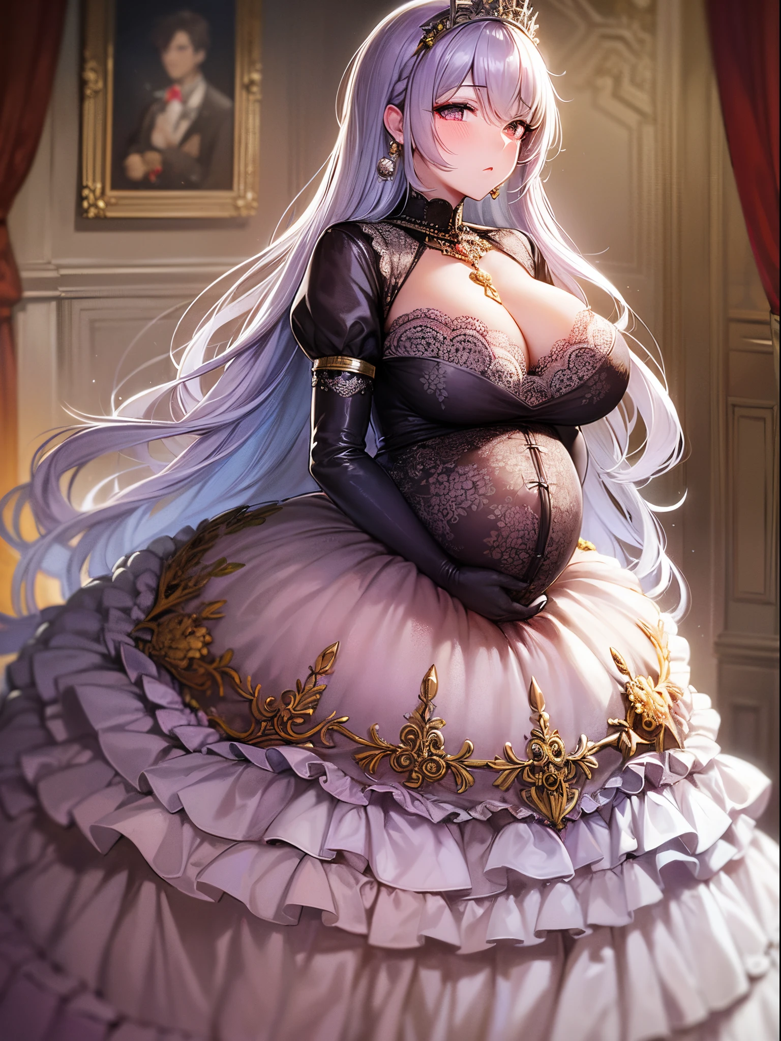 ultra-detailed, extremely detailed,((anime artstyle)),Masterpiece,(Best Quality),(Super Detail),(Very Delicate and Beautiful),((Solo)),((full body)),full body,((detailed face and eyes)),perfect eyes, rendered eyes,jewel-like beautiful eyes,((embarrassed,blush)),((1 pregnant princess in beautiful embroidery and jeweled gorgeous rococo ballgown with voluminous full length hoop skirt)),(((heavily pregnant))),((Crinoline,luxurious ruffles)),beautiful embroidery and jeweled gorgeous rococo ballgown with voluminous full length hoop skirt,(large amount of straight hair,extremely voluminous Very Long straight Hair,Absolutely Long Straight Hair),(((very gigantic boobs))),skindentation,Bursting breasts,cleavage,(fantasy castle,luxury palace),long_gloves,extremely gorgeousfull jeweled hair ornament,(bling-bling extremely gorgeousfull jeweled tiara),(luxurious jewelry),full body,beautiful embroidery and jeweled gorgeous rococo princess ballgown with voluminous full length hoop skirt