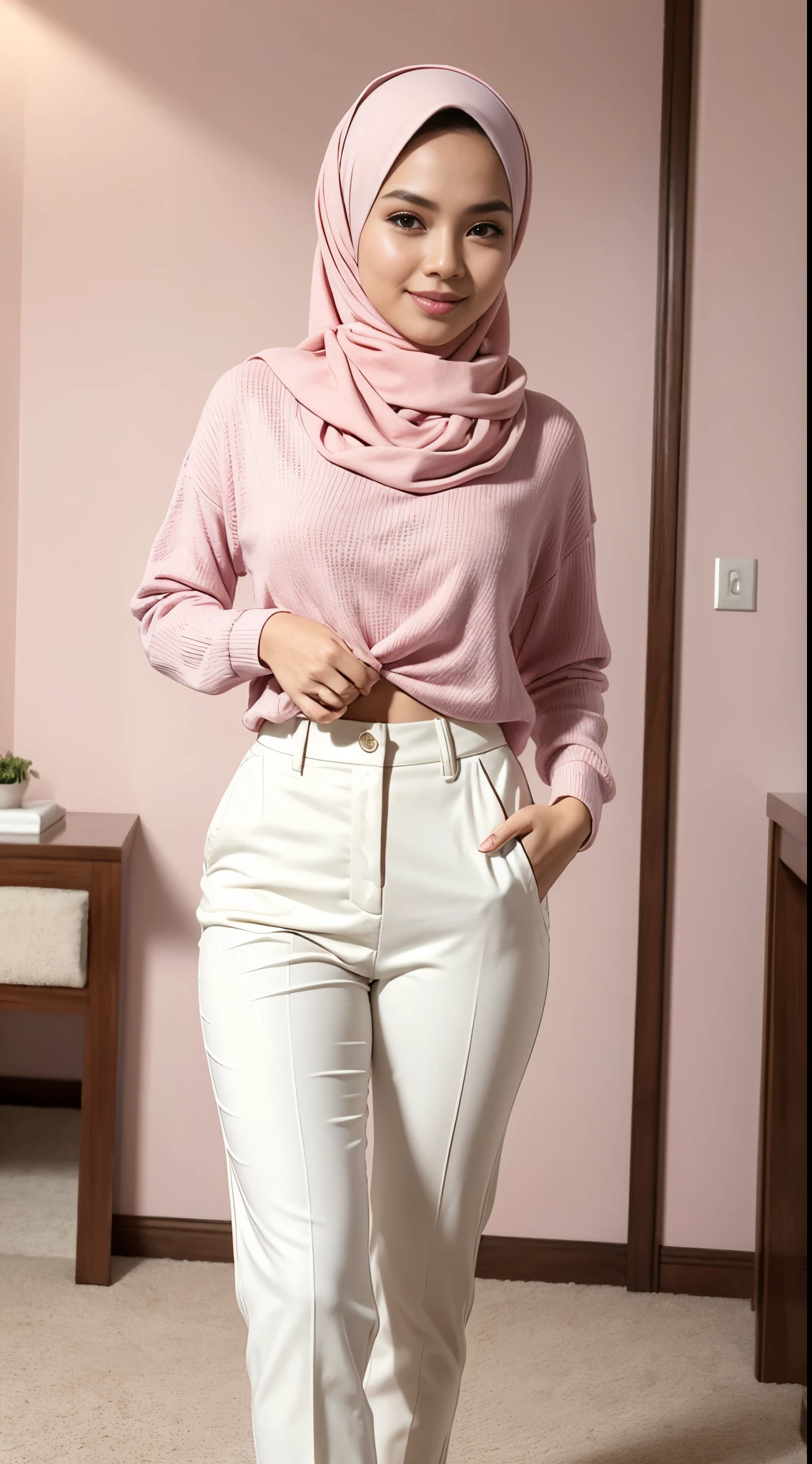 RAW, Best quality, high resolution, masterpiece: 1.3, beautiful Malay woman in hijab, big gorgeous eyes, smiling,big breast, woman wearing a white shirt and pink pants standing in a room, white and light-pink outfit, white and pink, wearing elegant casual clothes, feminine in cute pastel shades, white hijab, casual clothing style, casual modern clothing, pink accents, modern casual clothing, pink clothes, feminine in pastel shades, pastel pink, modern fashion outfit, pastel pink skin tone