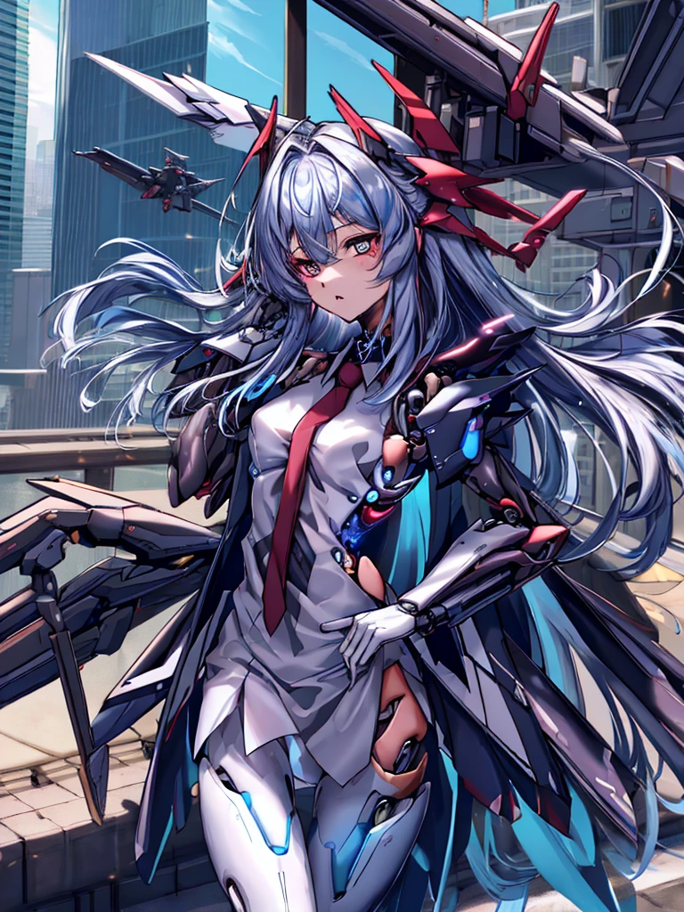 top-quality、ighly detailed、masterpiece、ultra-detailliert、illustratio、((1girl in))、silber hair、length hair、Floating hair、、Cyber City、Neon building、(The upper part of the body:1.05)、extremely_Detailed_Eyes_And_Face,cybernetic wing mechanical wing、Random posture、Skyscraper、、Mechuusume、shrine maiden clothe,maid clothes、Random angles、anime styled,cowboy shot