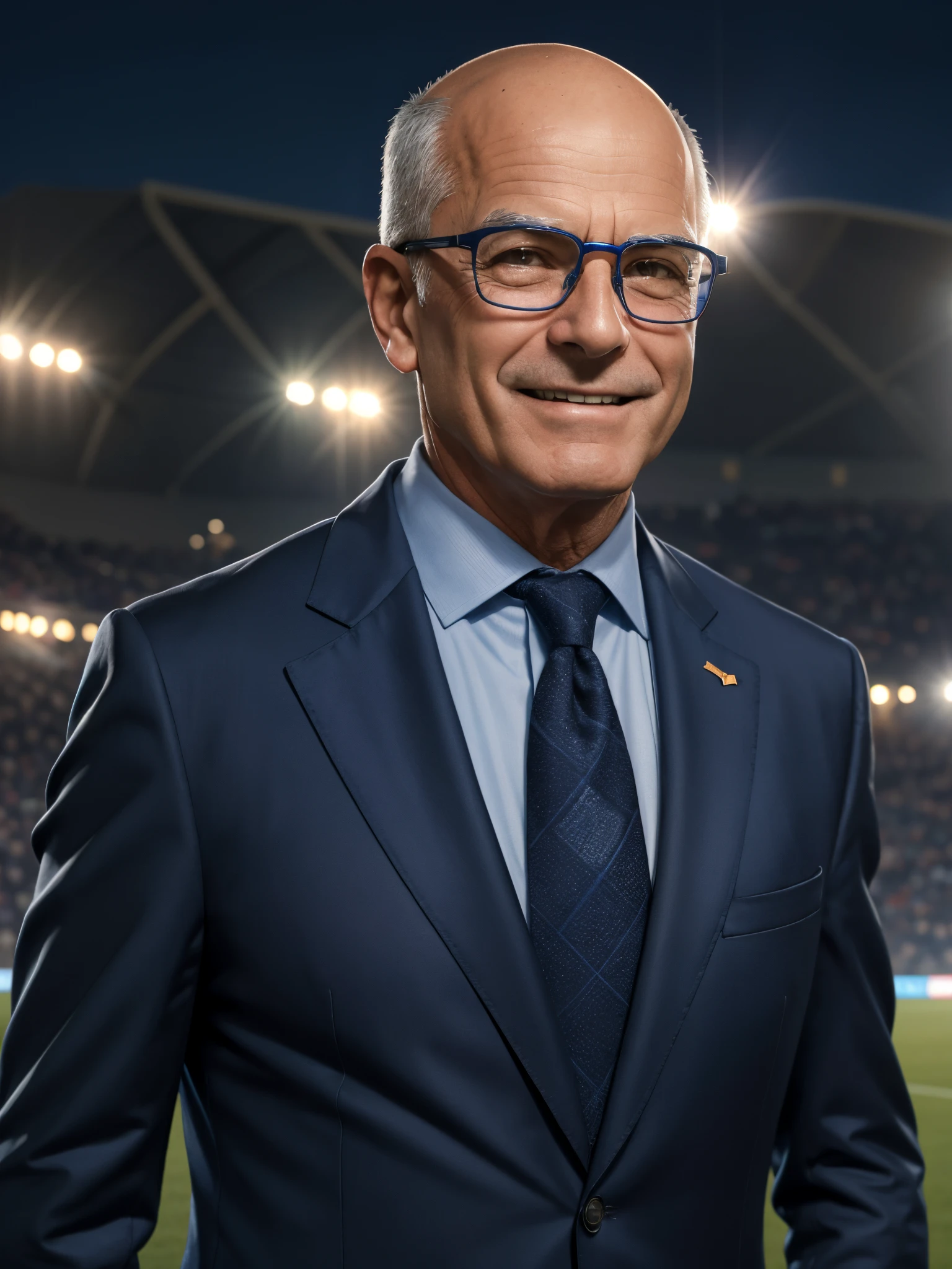 60 year old man man, clean shave, no beard, smiling, no hair in the crown of the head, wearing a dark blue suit and glasses, standing in the middle of a soccer stadium, evening, autumn, vibrant colors, detailed portrait of man facing camera, Futebol Clube do Porto, High Resolution.