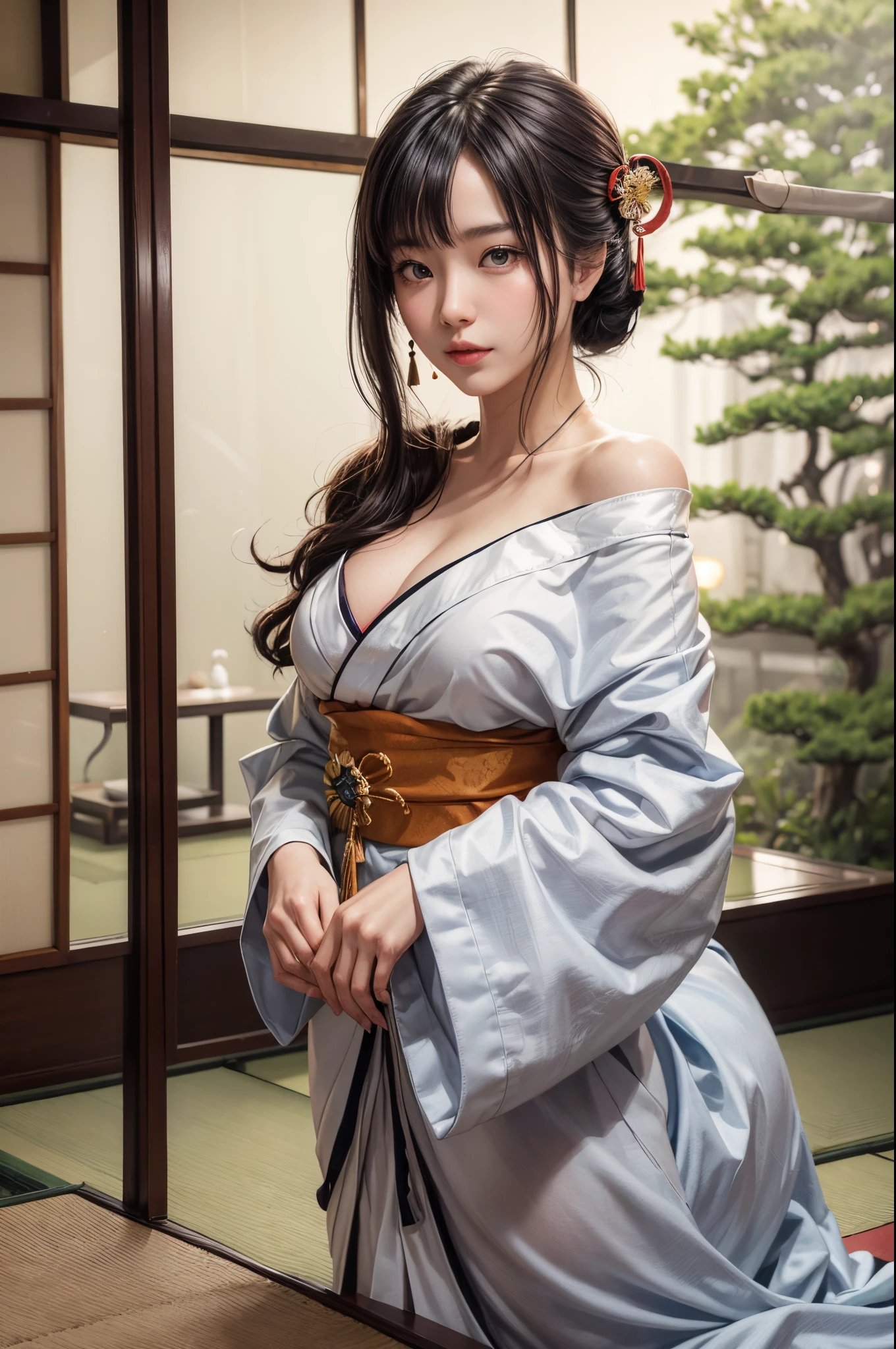 (masutepiece:1.Photoreal Stick:1.4, 8K), top-quality, masterpiece, 超A high resolution, Professional camera work, Grow Light Effect, Realistic portrait, Cinematic Light, Highly detailed skin and facial texture:1.Perfect dynamic composition, The ultra-detailliert, A detailed eye, Detailed limbs, (Japanese-style room in the Japan, formal hanging scroll, tradition:1.5), 1girl in, 25-years old, cute sexy japanese slim woman, Fair skin, (Enraptured look:0.9, Totally captivates you:1.0), (Silver kimono:1.32 off shoulder), (voluptuous breasts:0.9), (Backshots, Calm pose), (Beautiful blue eyes, Eyes that feel beautiful eros:0.85), Sexy face:0.4, (A mouthfeel that feels beautiful eros:0.85), ((Too cute beauty:0.9))