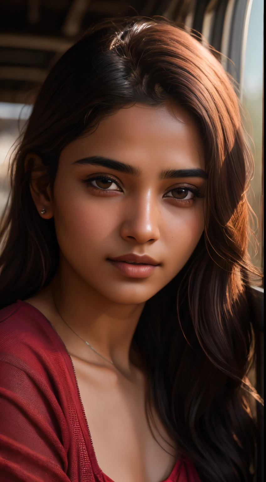young Indian girl, 18-year-old, red top, gentle lighting, intricate facial details, flawless complexion, top-notch 3D rendering, hyper-realistic, shot on Indian road. photorealistic digital art trending on Artstation 8k HD high definition detailed realistic, detailed, skin texture, hyper detailed, realistic skin texture, armature, best quality, ultra high res, (photorealistic:1.4),, high resolution, detailed, raw photo, 400 camera f1.6 lens rich colors hyper realistic lifelike texture dramatic lighting unrealengine trending on artstation cinestill 800. Just give the face.