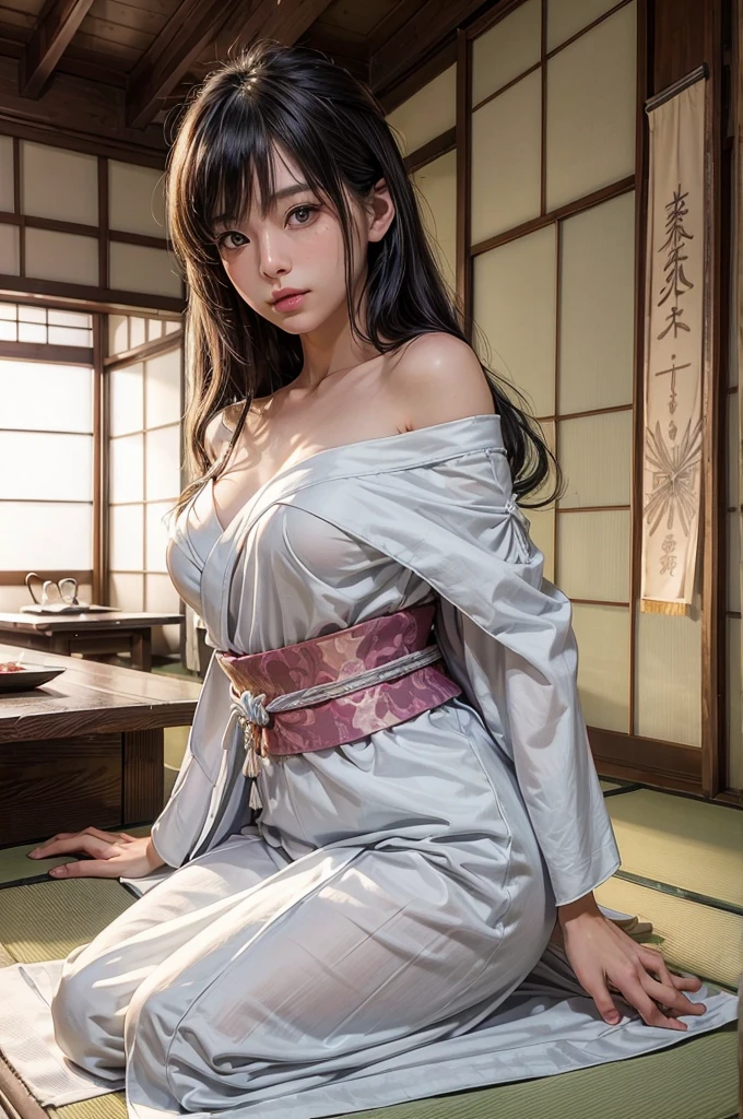 (masutepiece:1.Photoreal Stick:1.4, 8K), top-quality, masterpiece, 超A high resolution, Professional camera work, Grow Light Effect, Realistic portrait, Cinematic Light, Highly detailed skin and facial texture:1.Perfect dynamic composition, The ultra-detailliert, A detailed eye, Detailed limbs, (Japanese-style room in the Japan, formal hanging scroll, tradition:1.5), 1girl in, 25-years old, cute sexy japanese slim woman, Fair skin, (Enraptured look:0.9, Totally captivates you:1.0), (Silver kimono:1.32 off shoulder), (voluptuous breasts:0.9), (Backshots, Calm pose), (Beautiful blue eyes, Eyes that feel beautiful eros:0.85), Sexy face:0.4, (A mouthfeel that feels beautiful eros:0.85), ((Too cute beauty:0.9))