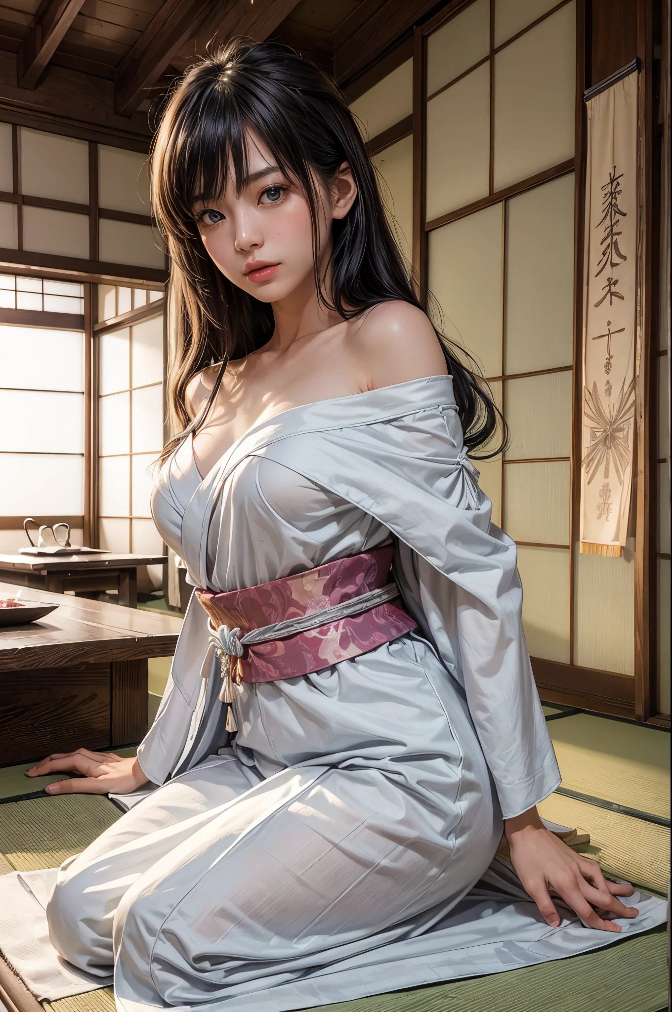 (masutepiece:1.Photoreal Stick:1.4, 8K), top-quality, masterpiece, 超A high resolution, Professional camera work, Grow Light Effect, Realistic portrait, Cinematic Light, Highly detailed skin and facial texture:1.Perfect dynamic composition, The ultra-detailliert, A detailed eye, Detailed limbs, (Japanese-style room in the Japan, formal hanging scroll, tradition:1.5), 1girl in, 25-years old, cute sexy japanese slim woman, Fair skin, (Enraptured look:0.9, Totally captivates you:1.0), (Silver kimono:1.32 off shoulder), (voluptuous breasts:0.9), (Backshots, Calm pose), (Beautiful blue eyes, Eyes that feel beautiful eros:0.85), Sexy face:0.4, (A mouthfeel that feels beautiful eros:0.85), ((Too cute beauty:0.9))