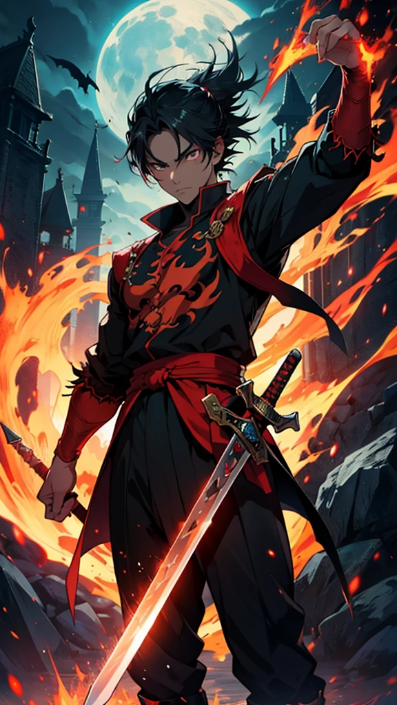 anime, sword and spear, roupas pretas, demon background, Possessed, Homem, Elmo,!FIREHEAD, Dragoned(Background Story), fogo, olhos sombrio.
