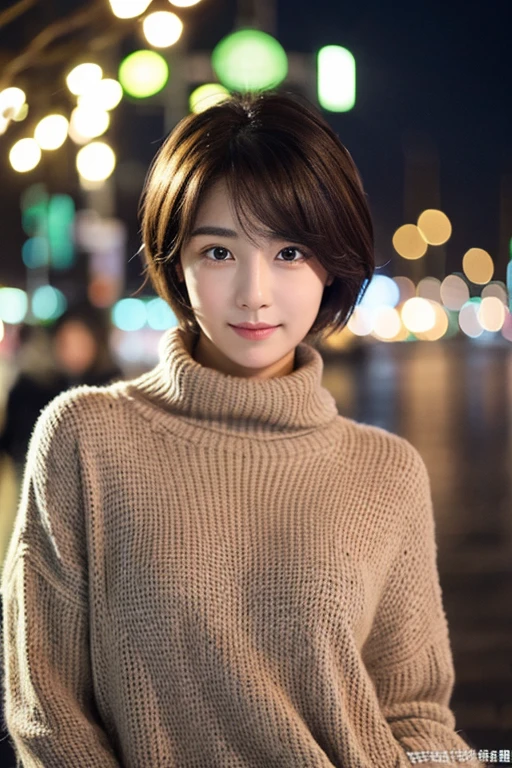 short-hair、Beautiful face、Clear eyebrows、Detailed eyes、Thicker thighs、turtle neck、winter night、illuminations、realisitic、V8
