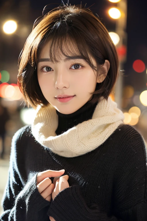 short-hair、Beautiful face、Clear eyebrows、Detailed eyes、Thicker thighs、turtle neck、winter night、illuminations、realisitic、V8