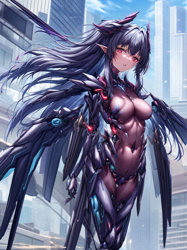 top-quality、ighly detailed、​masterpiece、ultra-detailliert、illustratio、((1girl in))、silber hair、length hair、Floating hair、、Cyber City、Neon building、(The upper part of the body:1.05)、extremely_Detailed_Eyes_And_Face,cybernetic wings mechanical wings、Random posture、Skyscraper、、Mechumusume、shrine maiden clothe,maid clothes、Random angles、anime styled,cowboy  shot