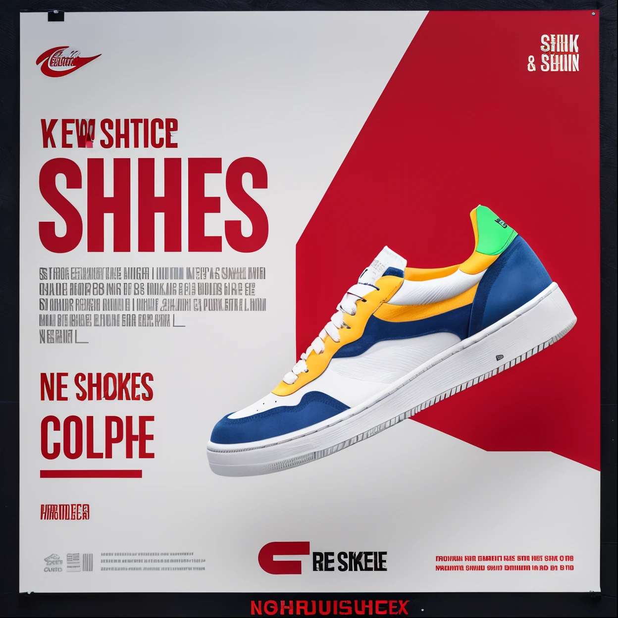 a poster for a shoe store with a colorful sneaker, sneaker shoes, commercial banner, shoe, whole shoe  in picture, stylish shoe design, best on adobe stock, shoes, product advertisement, advertisement poster, sneaker, product advertising, high shoes, ad image, made with photoshop, running shoes, high quality product image”, sneaker design, jean and multicolor shoes