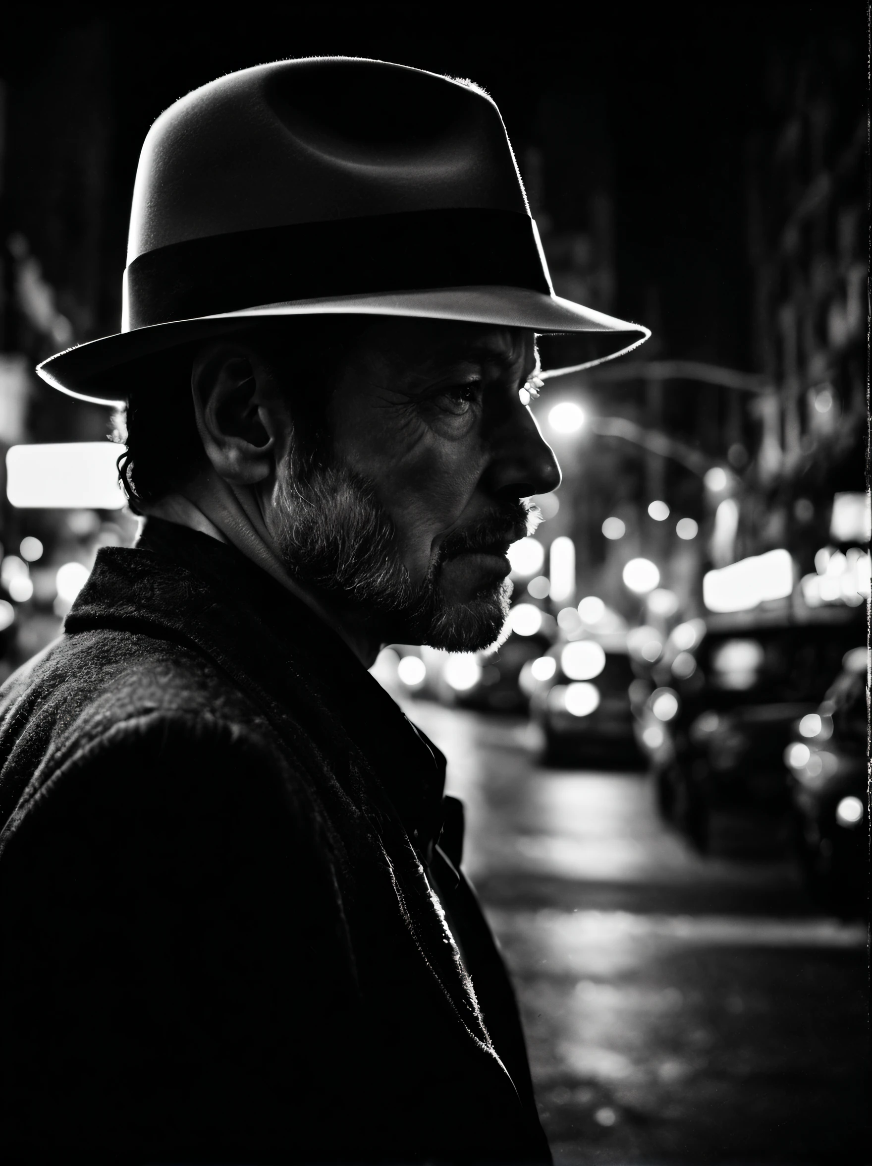 a man walking down the streets of New York wearing a fedora, images overlapping the trajectory of car lights due to double exposure, cinematic lighting, (double exposed: 1.3), camera flash light, artistic photograph, street photography, film grain, black and white, Bruce Gilden style
