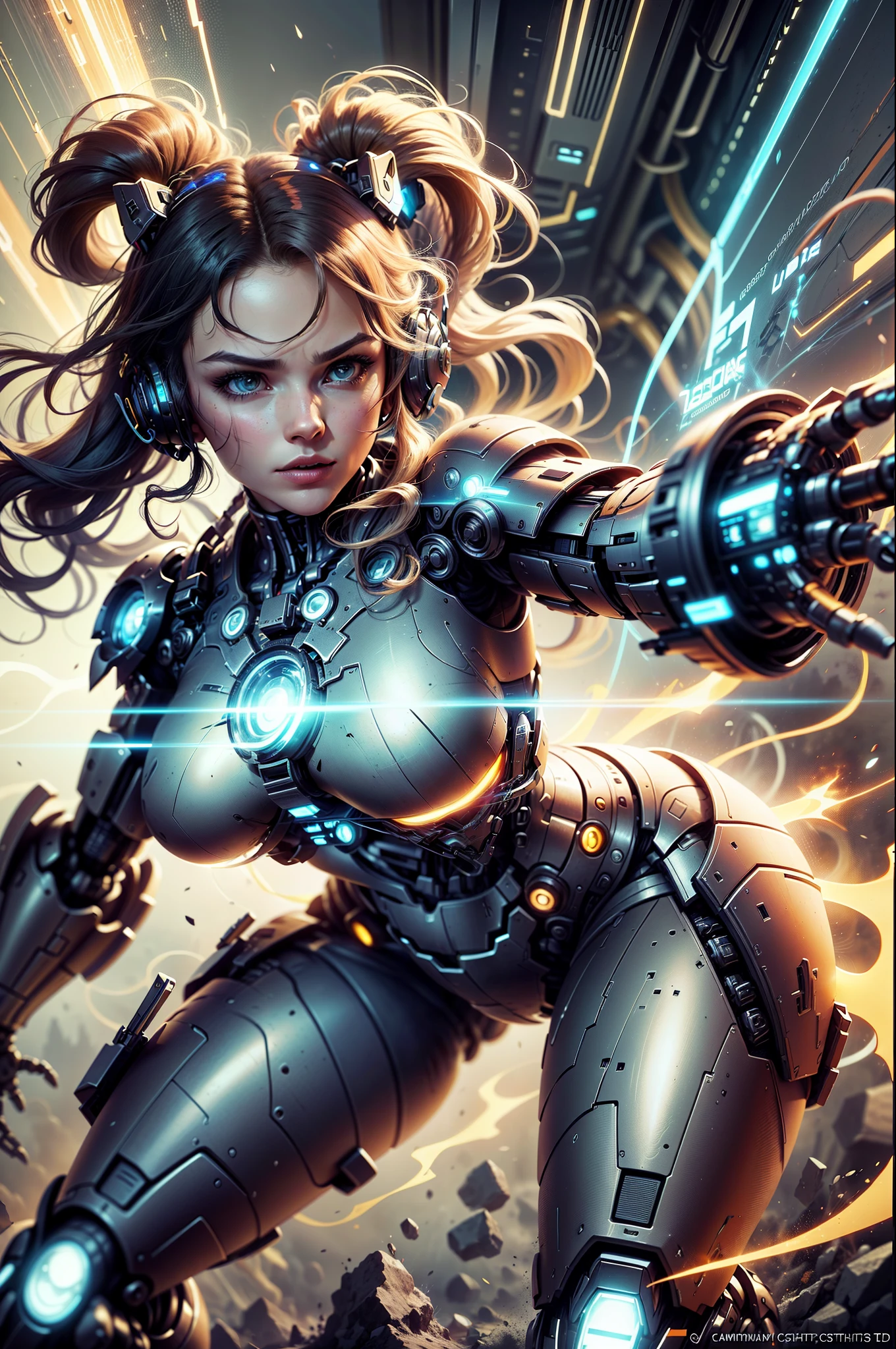 "Earms-prima in UHD, comic-book style, portraying a mecha woman in the middle of a cyber attack. | In the center of the image, the heroine appears in an impactful pose, ready to face a DDOS attack. Its imposing and fearless presence dominates the scene, standing out against a  and futuristic sci-fi background. | Lines and digital elements adorn the environment, creating a technological and intense atmosphereposition strategically centered on the figure of the mecha woman, emphasizing her strength and heroism. | Cinematic lighting effect highlights the metallic parts of the strand, creating dynamic shadows that amplify the intensity of the moment. | Captivating scene of a mecha woman in a heroic pose, ready to face a DDOS attack | The camera, positioned close to the character, reveals her entire body as she adopts a dynamic pose, interacting and leaning on a technological structure. Dynamic inclinations and recoss add life to the composition. | (perfect_pose), She  adopting a ((dynamic_pose as interacts, boldly leaning on a large structure, leaning back in a dynamic way):1.erfect_hands), (perfect_fingers), (perfect_legetter_handig, ((full body)), More Detail". --auto --s2