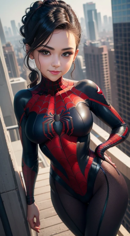 shot below eye level, handsome girl, Unusual hairstyle, Unusual posture, I&#39;m standing on the roof of a high-rise building, endearing smile, Crew Cut, Spider-Man, The perfect female face, A detailed eye, long eyelashes