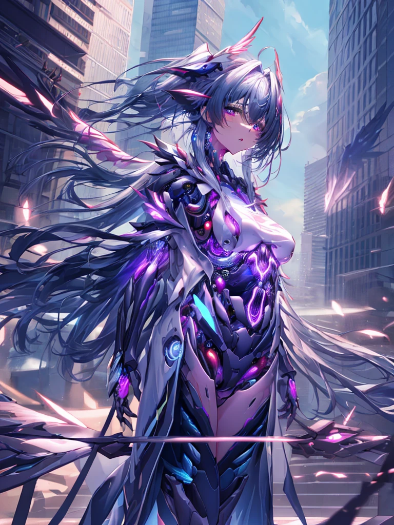 top-quality、ighly detailed、​masterpiece、ultra-detailliert、illustratio、((1girl in))、silber hair、length hair、Floating hair、、Cyber City、Neon building、(The upper part of the body:1.05)、extremely_Detailed_Eyes_And_Face,cybernetic wings mechanical wings、Random posture、Skyscraper、、Mechumusume、shrine maiden clothe,maid clothes、Random angles、anime styled,cowboy  shot