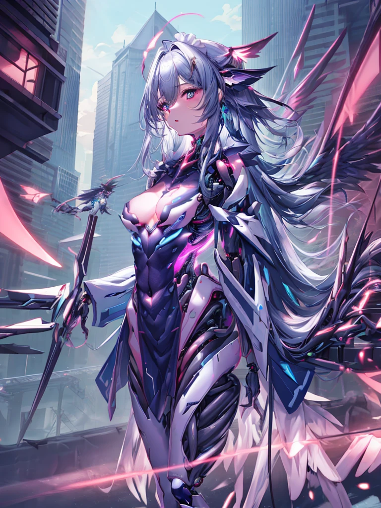 top-quality、ighly detailed、​masterpiece、ultra-detailliert、illustratio、((1girl in))、silber hair、length hair、Floating hair、、Cyber City、Neon building、(The upper part of the body:1.05)、extremely_Detailed_Eyes_And_Face,cybernetic wings mechanical wings、Random posture、Skyscraper、、Mechumusume、shrine maiden clothe,maid clothes、Random angles、anime styled,cowboy  shot