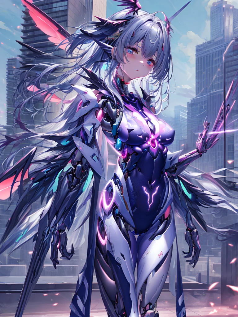 top-quality、ighly detailed、​masterpiece、ultra-detailliert、illustratio、((1girl in))、silber hair、length hair、Floating hair、、Cyber City、Neon building、(The upper part of the body:1.05)、extremely_Detailed_Eyes_And_Face,cybernetic wings mechanical wings、Random posture、Skyscraper、、Mechumusume、shrine maiden clothe,maid clothes、Random angles、anime styled,cowboy  shot