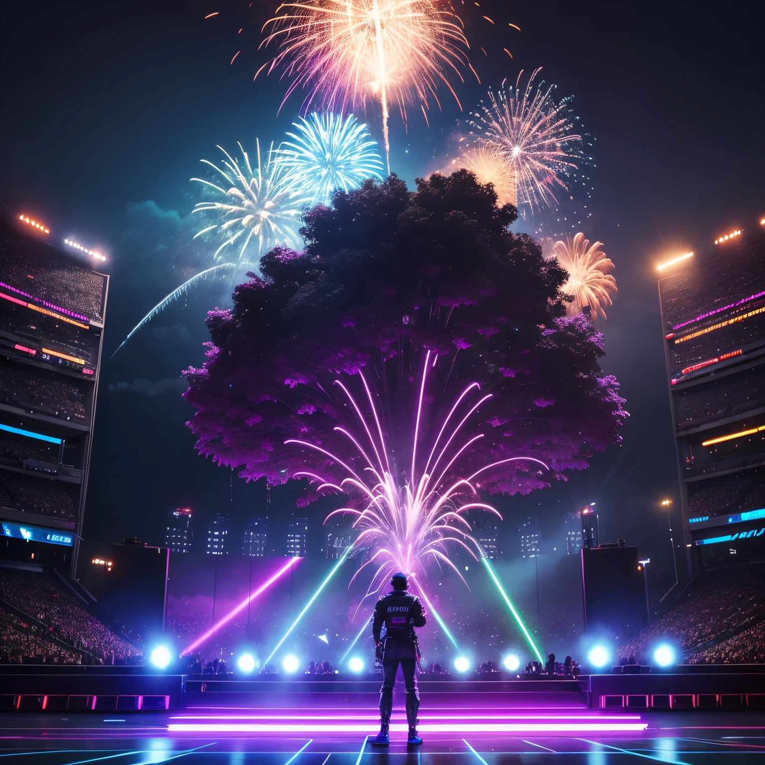 Cyberpunk trap music caribean  male singer on stage performing for wide crowd stuning concert laser neons lights fireworks at night in stadium photorealistic Hdri wide angle establishing shot