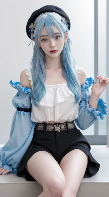1girl,solo,illustration,yuan,blue flower,gloves,flower,blue eyes,white gloves,hat,shorts,blue hair,blue headwear,butterfly,frilled sleeves,long sleeves,multicolored hair,aqua blue hair,thigh strap,blue rose,ahoge,bangs,jacket,shirt,white hair,hat flower,bare legs,frills,black shorts,hair between eyes,rose,legs,brooch,Focalors \(genshin impact\), (((masterpiece))), (((best quality))), ((ultra-detailed))