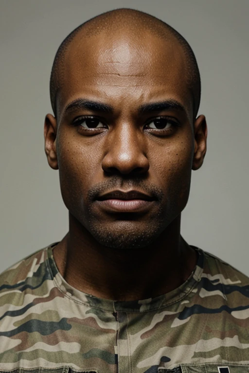 portrait bald black man, muscular, powerfull male face, modern USA military battle camuflage uniform, using psychick superpowers, white background