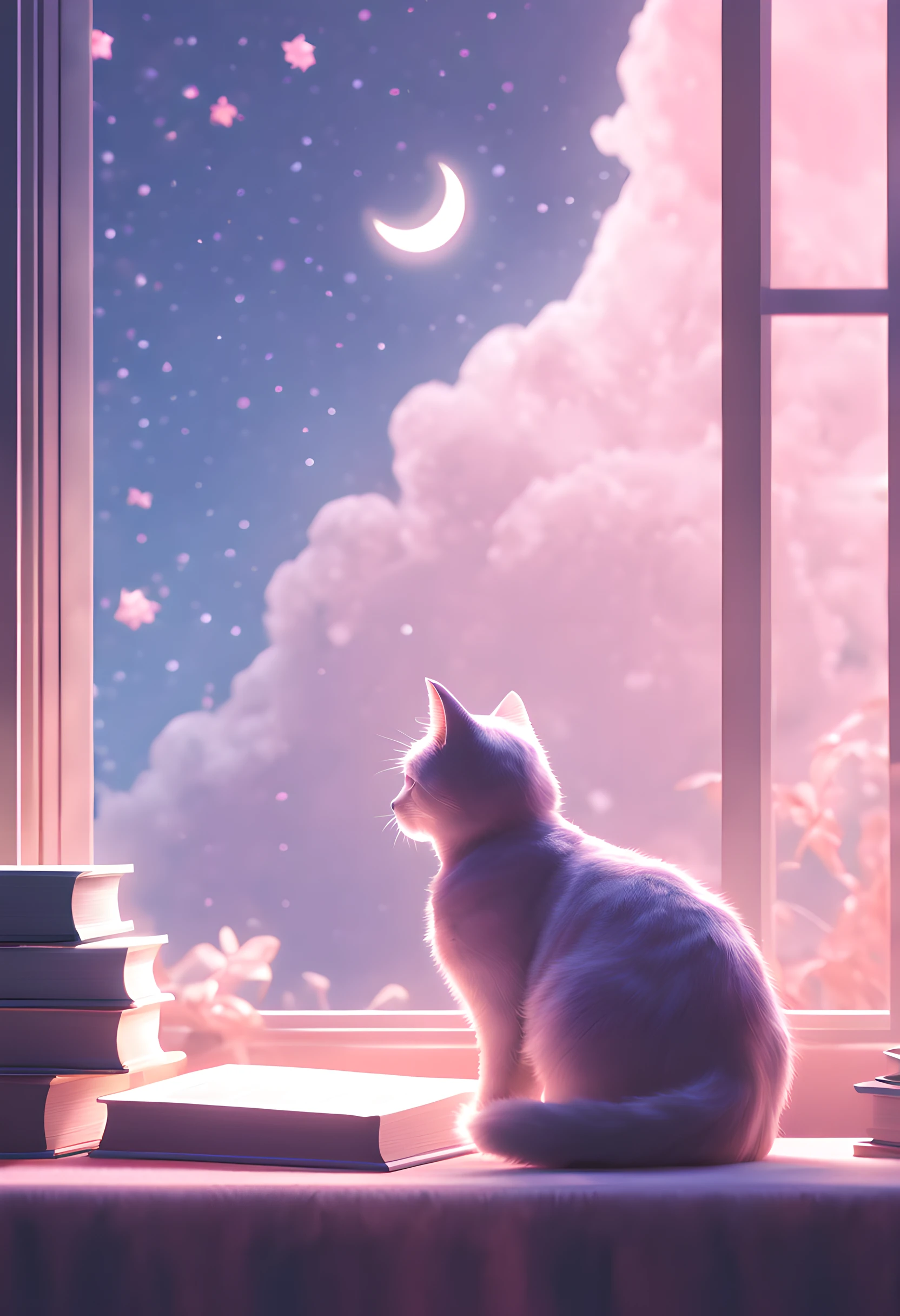 (Best quality:1.2), aesthetic lo-fi minimalist atmosphere, cat, book, window, moon, light bokeh, in soft colors, glitter, dynamic side angle, natural soft lighting, 8k resolution, illustration, pastel tetradic colors