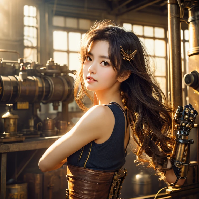 (​masterpiece), (top-quality), Photorealistic, photorealisim, a picture, 1girl, 独奏, Steampunk girl with mechanical arms, hair messy, face perfect, perfect bodies, Good anatomy, Steampunk city background, Daylight, film like,A sexy