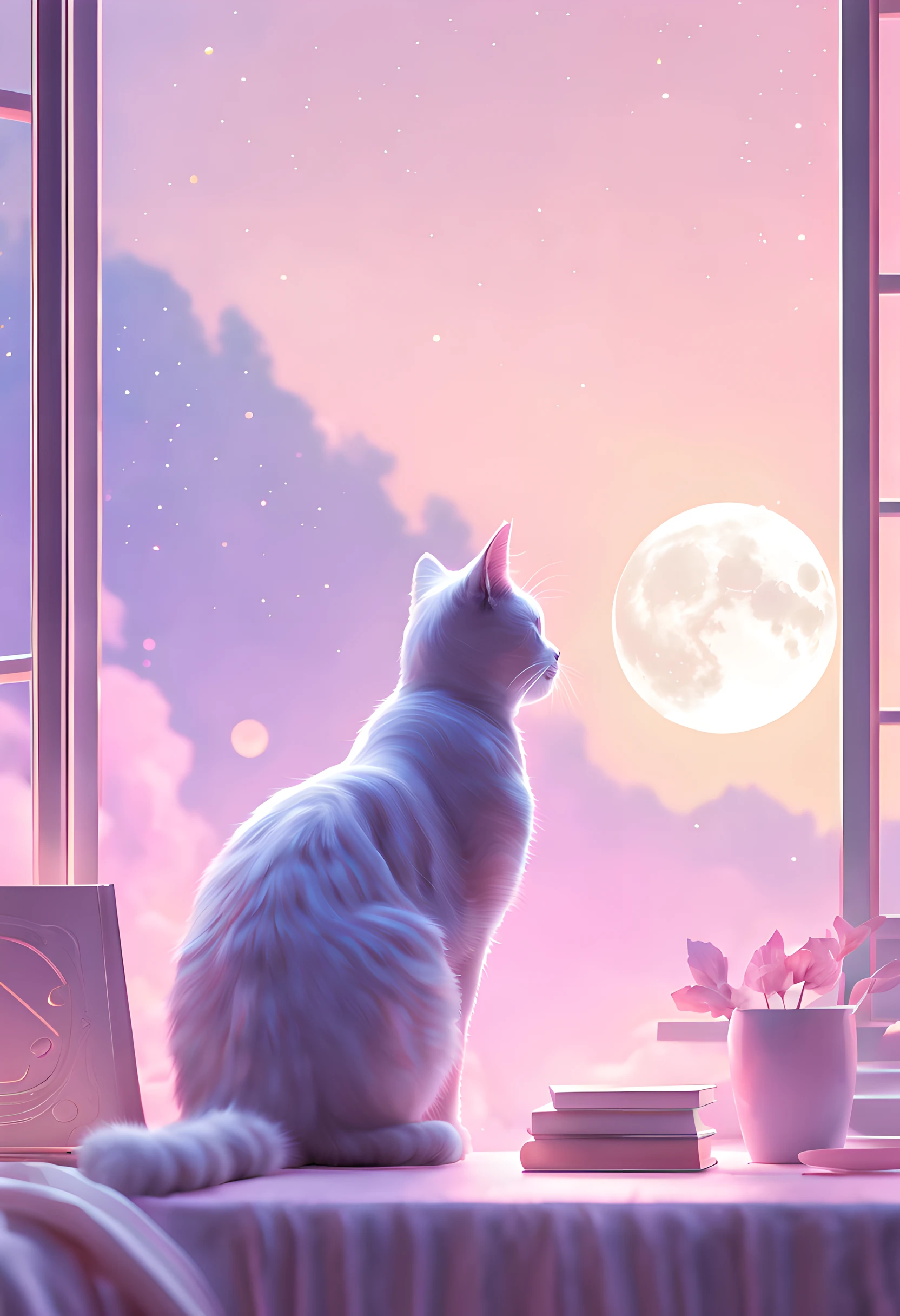 (Best quality:1.2), aesthetic lo-fi minimalist atmosphere, cat, book, window, moon, light bokeh, in soft colors, glitter, dynamic side angle, natural soft lighting, 8k resolution, illustration, pastel tetradic colors