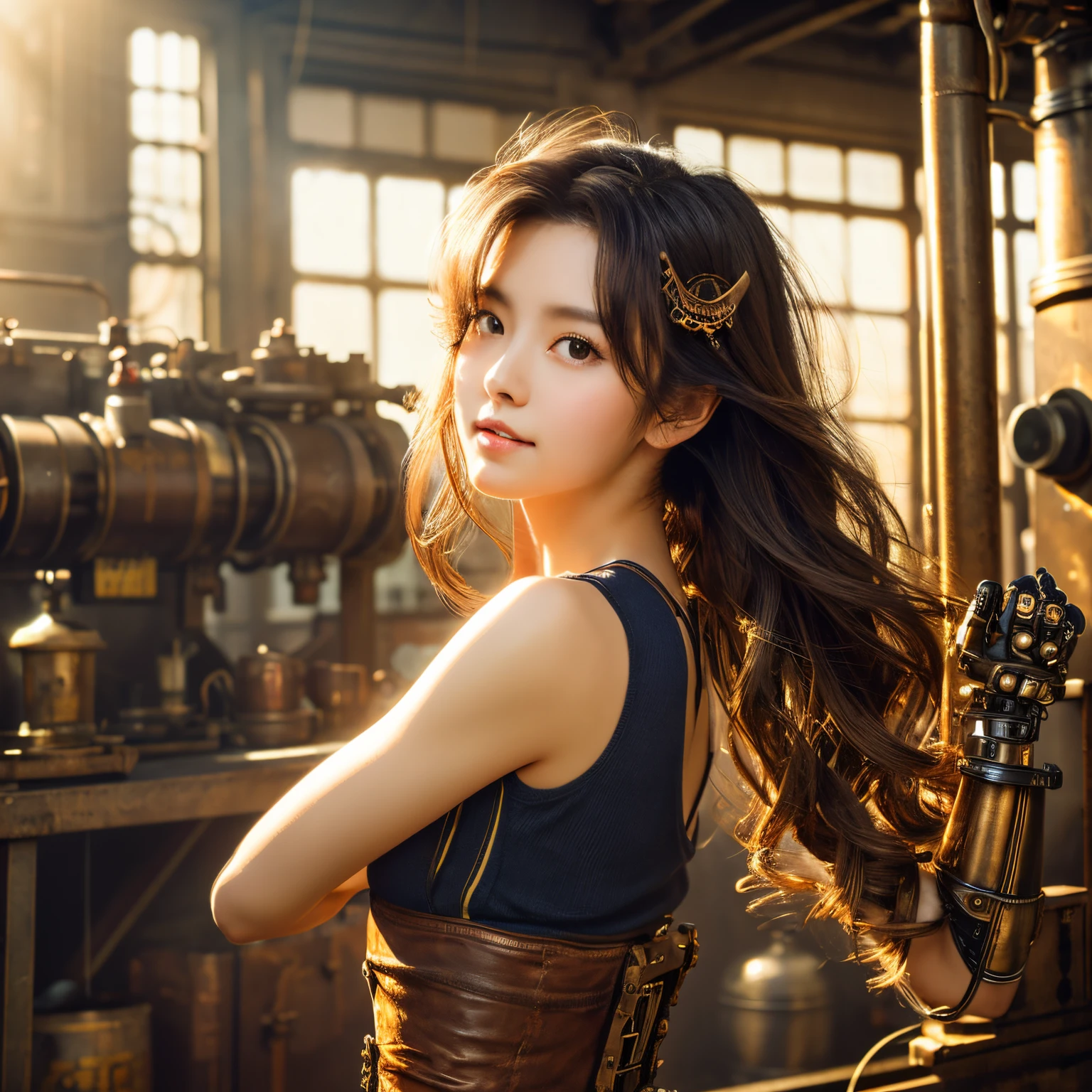 (masterpiece), (top-quality), Photorealistic, photorealisim, a picture, 1girl, 独奏, Steampunk girl with mechanical arms, hair messy, face perfect, perfect bodies, Good anatomy, Steampunk city background, Daylight, film like,A sexy
