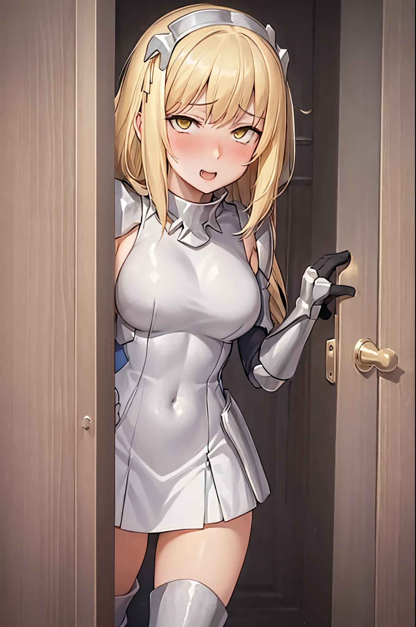 yellow eyes,blonde hair,(blush,pleasure,delight,orgasm,cleanched teeth,,embarrased,rolling eyes)((open door doorway)),full body, 1girl, solo, blonde hair, armor, long hair, straight hair, thighhighs, boots, dress, yellow eyes, thigh boots, blue long boots, blue footwear, covered navel, breastplate, shoulder armor, gloves, white dress,ahg rolling eyes tongue