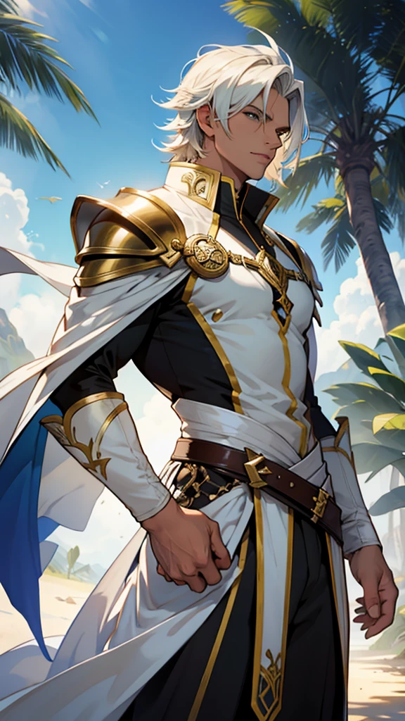 Cavaleiro, espada grande, arcanjo, armadura de ouro, altura (2 metros), cabelo branco, magia de luz, homem.