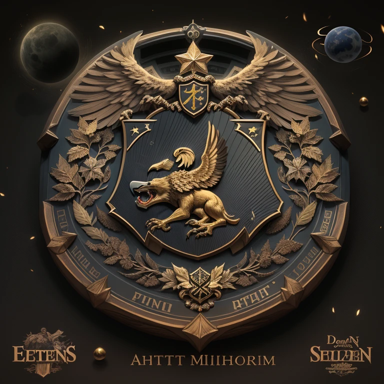 coat of arms, 3D, painful detail, Realistic, futuristic image, Coat of arms of the Beighton Empire, smooth black shield with gold stars, a small shield in the inside of a large one with a golden wolf, decorated with two golden eagles, inscription on the shield with the inscription Solum officia habui, populus iura mihi dedit. (surrounded by three planets)