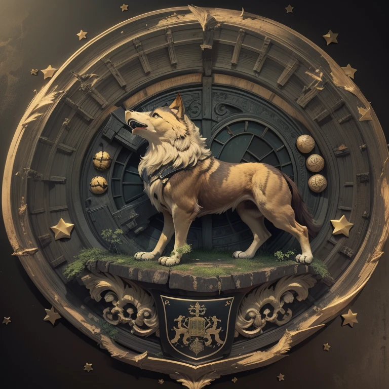 coat of arms, 3D, painful detail, Realistic, futuristic image, Coat of arms of the Beighton Empire, smooth black shield with gold stars, a small shield in the inside of a large one with a golden wolf, decorated with two golden eagles, inscription on the shield with the inscription Solum officia habui, populus iura mihi dedit. (surrounded by three planets)