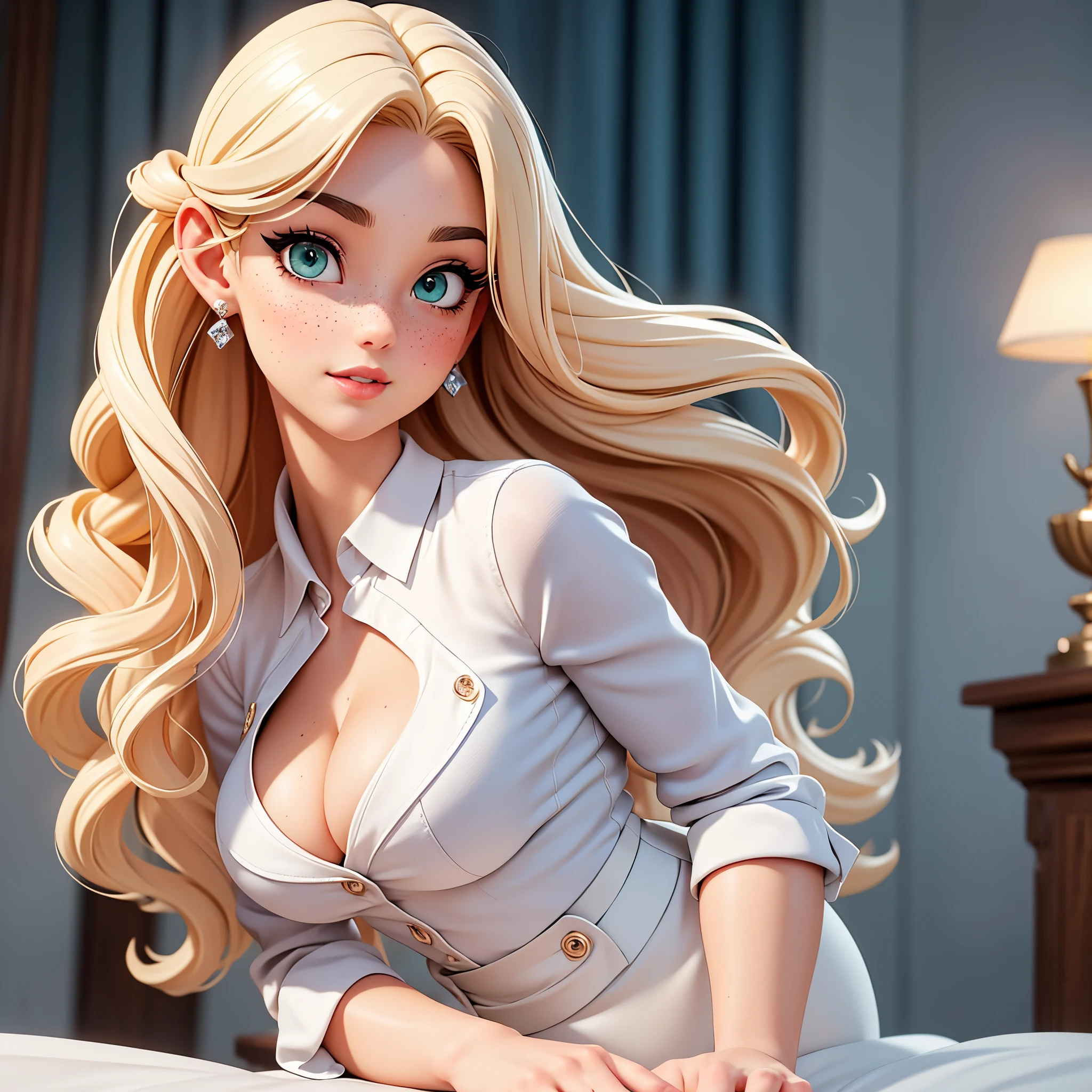 A highly detailed 3D model in Pixar style of a beautiful European woman in her 30s. She stands at 1m70 tall with a slender hourglass figure. Her oval face is adorned with voluminous wavy platinum blonde hair that falls in waves to her mid-back. She has side-swept bangs that frame her face elegantly. Her mesmerizing seafoam green eyes, with their large almond shape, capture attention with their allure. Thick eyelashes enhance her gaze, while her light blonde arched eyebrows complement her features. Accentuating her high cheekbones, her cheeks have a slightly rounded and rosy appearance. Her small upturned nose, with a rosy tint, adds a touch of charm to her face. Her full heart-shaped pink lips, with a matte rose pink finish, exude a soft and inviting look. Subtle freckles sprinkle across her skin, adding a touch of natural beauty. Completing her facial features, she possesses a pointed chin that adds a hint of elegance to her overall look. Her smooth skin has a matte finish, with a subtle blush on her cheeks, enhancing her natural radiance. Proportionate to her figure, she has a head that is 1/8th her height. She boasts a well-balanced hourglass figure, with a busty chest, thin waist, and slender legs. Her athletic build gives her a confident and poised appearance. She is dressed in a modestly buttoned white silk shirt, with rolled-up sleeves that expose her forearms. Her attire is paired with form-fitting light blue high-waisted skinny jeans that accentuate her curves. Completing her ensemble, she wears stylish high-heels that add an extra touch of elegance. With her charming warming smile and confident allure, she captivates all who behold her.