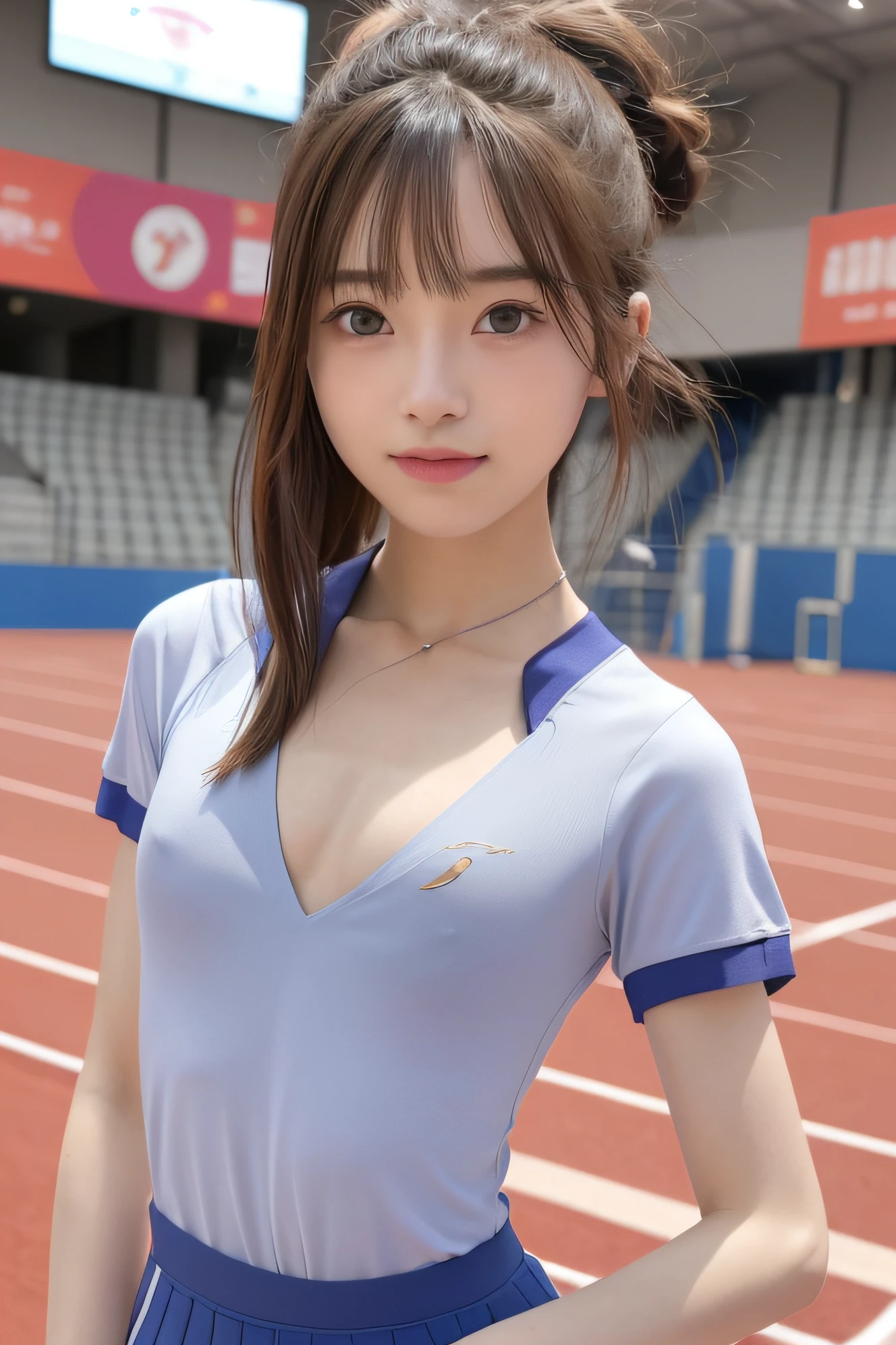 masutepiece、masterpiece、top-quality、ultra-detailliert、hight resolution、hight resolution、8K Portrait、Unity 8k Wallpapers、extremely details CG、Unity 8k壁纸、Highly detailed CG Unity 8k wallpaper、逼真、realperson、cute little、 Portrait photos、shinny skin、high-detail、(:1.2)、(女の子1人)、Beautiful clear eyes、Ultra-fine depiction、delicated face、Lovely lips、skinny body、big breasts thin waist、Thin leg、(Track and Field Arena:1.6)、(flat chest:1.8)、(Athletics uniforms:1.4)、(nipple visible:1.2)、cute smile face、(Bun hair:1.3)