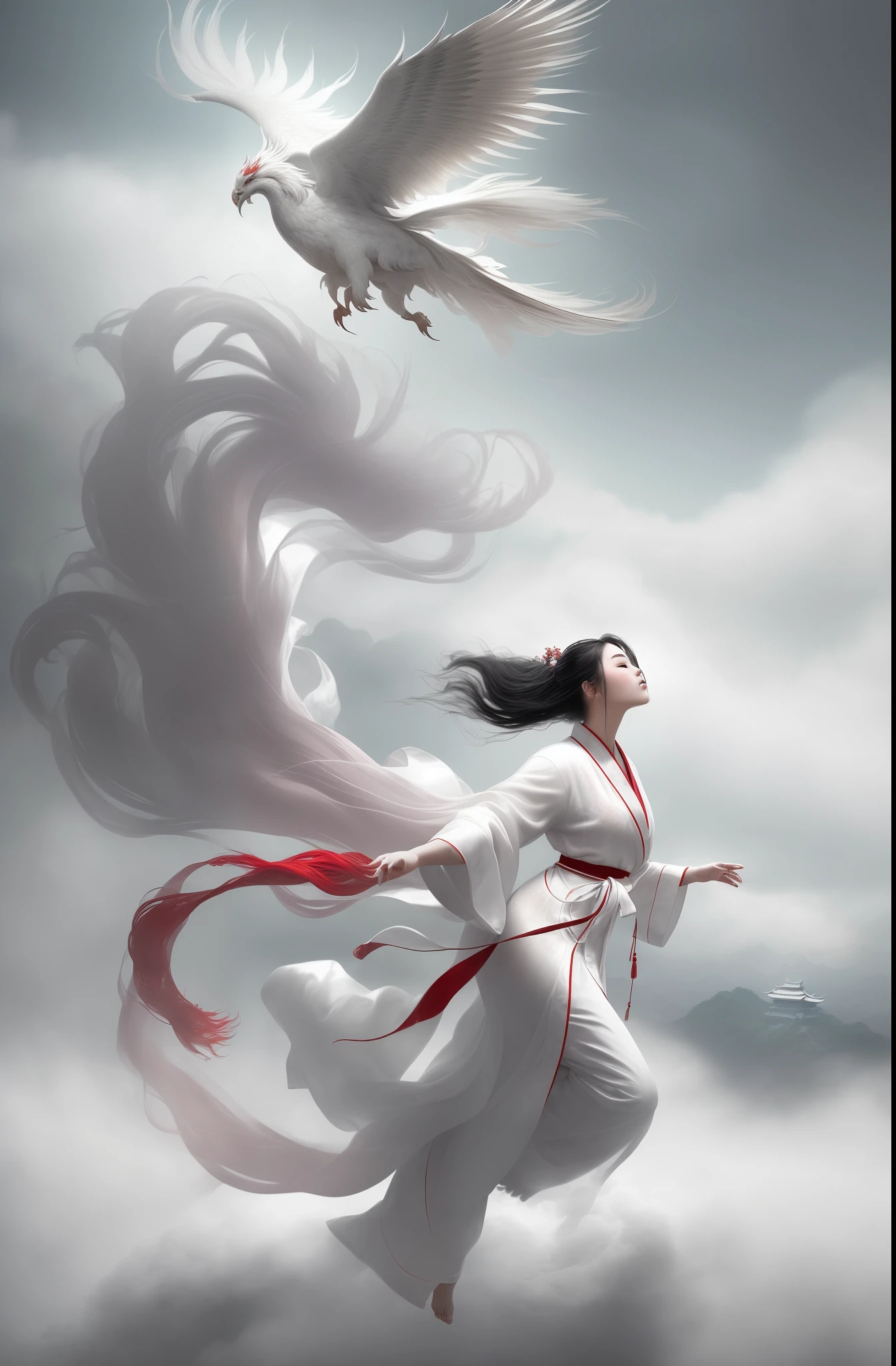 1 girl,(white Chinese robe),
In a captivating scene, a beautiful woman adorned in a flowing white Chinese robe soars through the misty clouds on the back of a majestic Chinese phoenix. The wind gently lifts her robe, accentuating the sense of flight as they gracefully navigate the ethereal cloudscape.