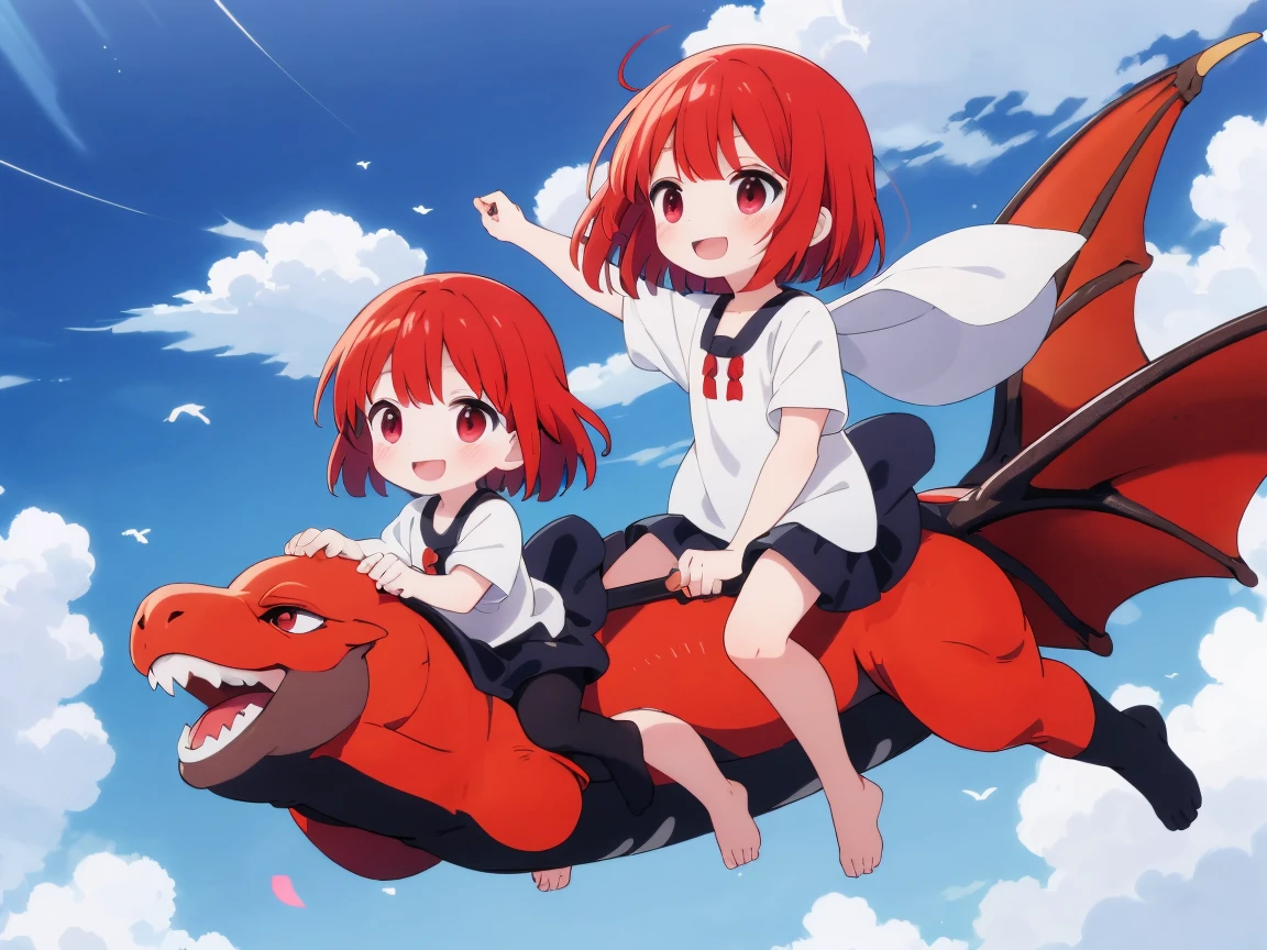 Best Quality, ultra-detailliert, Children riding on the back of a dragon， 2 children, Gamine２In person, Wine red hair,  Floating hair, 
Smiling child，from the front side, Show off your nakedness,  prisma，shading