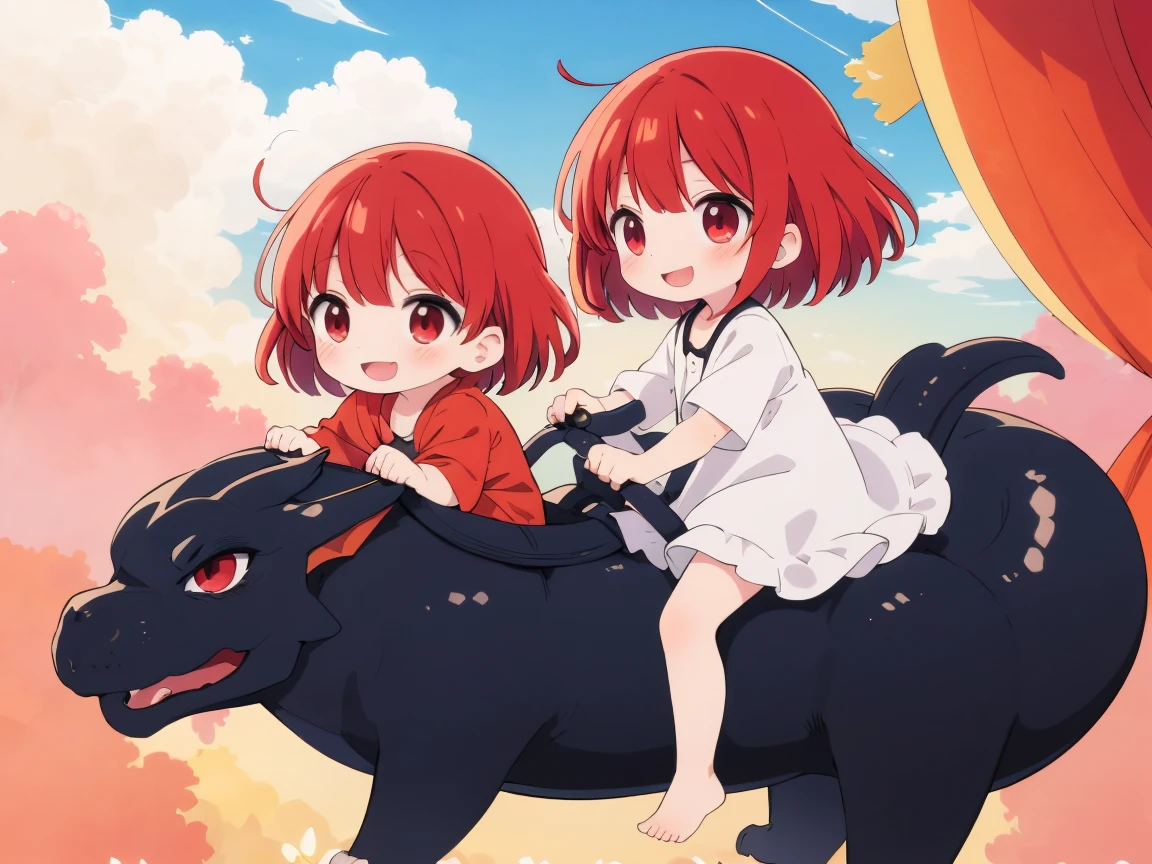 Best Quality, ultra-detailliert, Children riding on the back of a dragon， 2 children, Gamine２In person, Wine red hair,  Floating hair, 
Smiling child，from the front side, Show off your nakedness,  prisma，shading