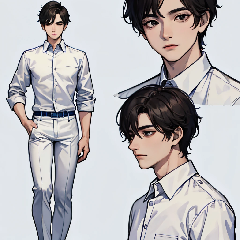 a boy character sheet, head view from different angles, eight different angles boy has black hair black eyes wearing white shirt and blue pants , masterpiece,