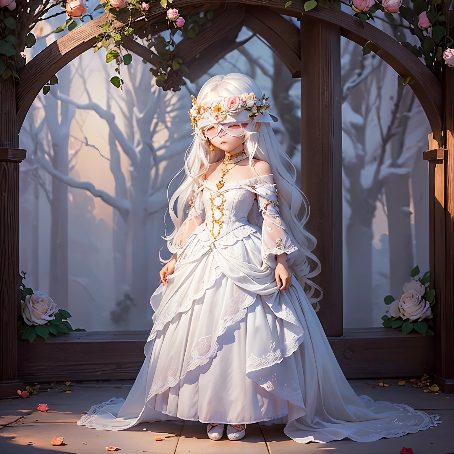 ​masterpiece、top-quality、ultra-detailliert、(Chibi Chara's Daughter:1.2)、blindfolds、(The blindfold is a luxurious white blindfold with luxurious jewels and rose embroidery...:1.3)。.、gold bob、wraith、Fairytale autumn forest、Full-body standing figure、Lightning flashes