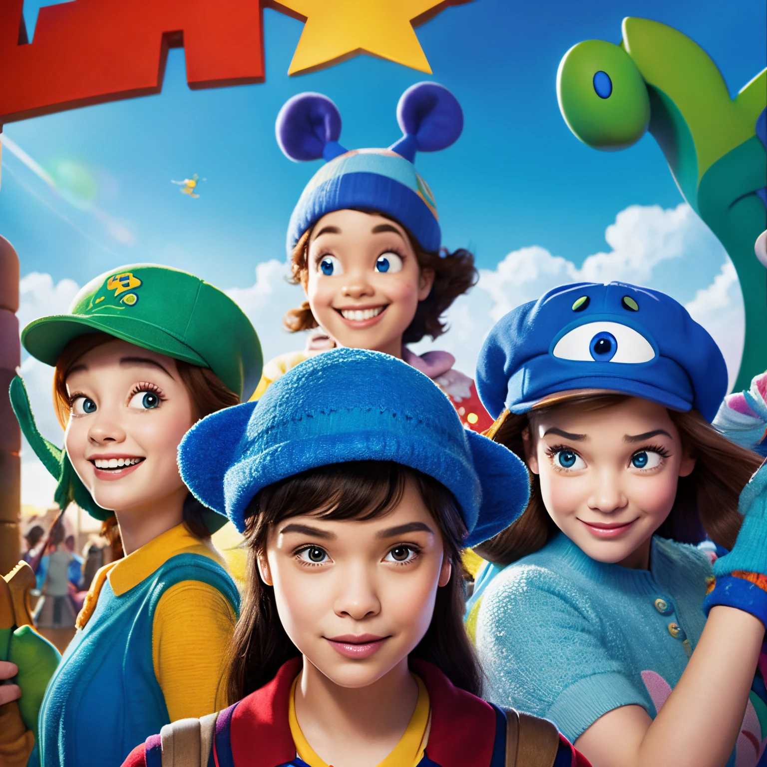 In the Disney Pixar poster, the two girls are wearing blue hats and are facing forward, making strange faces.