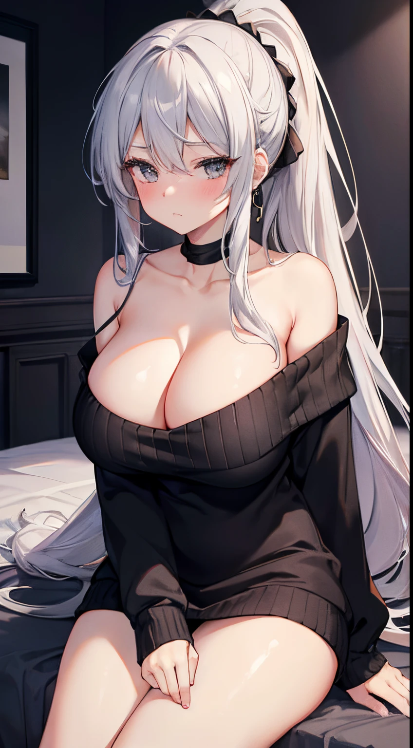 masterpiece, best quality, highres, 8k, Ultra detailed, high quality, Mature girl, very long silver hair, high ponytail hairstyle, black eyes, very huge breasts, off the shoulder black sweater, bedroom, pouting, blushing, bare shoulders, thighs, cleavage, collarbone, bare neck