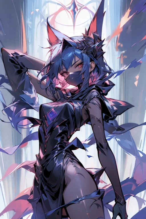 A mysterious-looking woman in her early 20s.、Ninja in skimpy costume、rust-red muffler and hood、Wearing a dark blue cloak and mask、Cold expression、slender and tall、The weapon is several very thin steel wires.、Anime style full body character image art