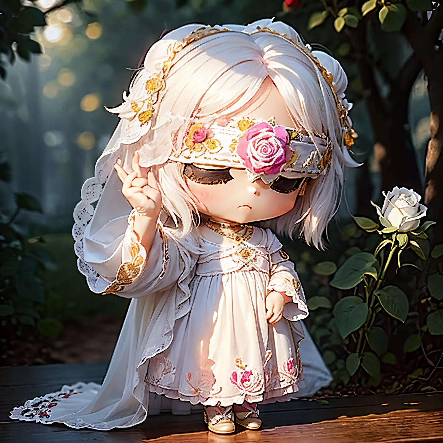 ​masterpiece、top-quality、ultra-detailliert、(Chibi Chara's Daughter:1.2)、blindfolds、(The blindfold is a luxurious white blindfold with luxurious jewels and rose embroidery....:1.3)。.、gold bob、pink wraith、Fairytale autumn forest、Full-body standing figure、Lightning flashes