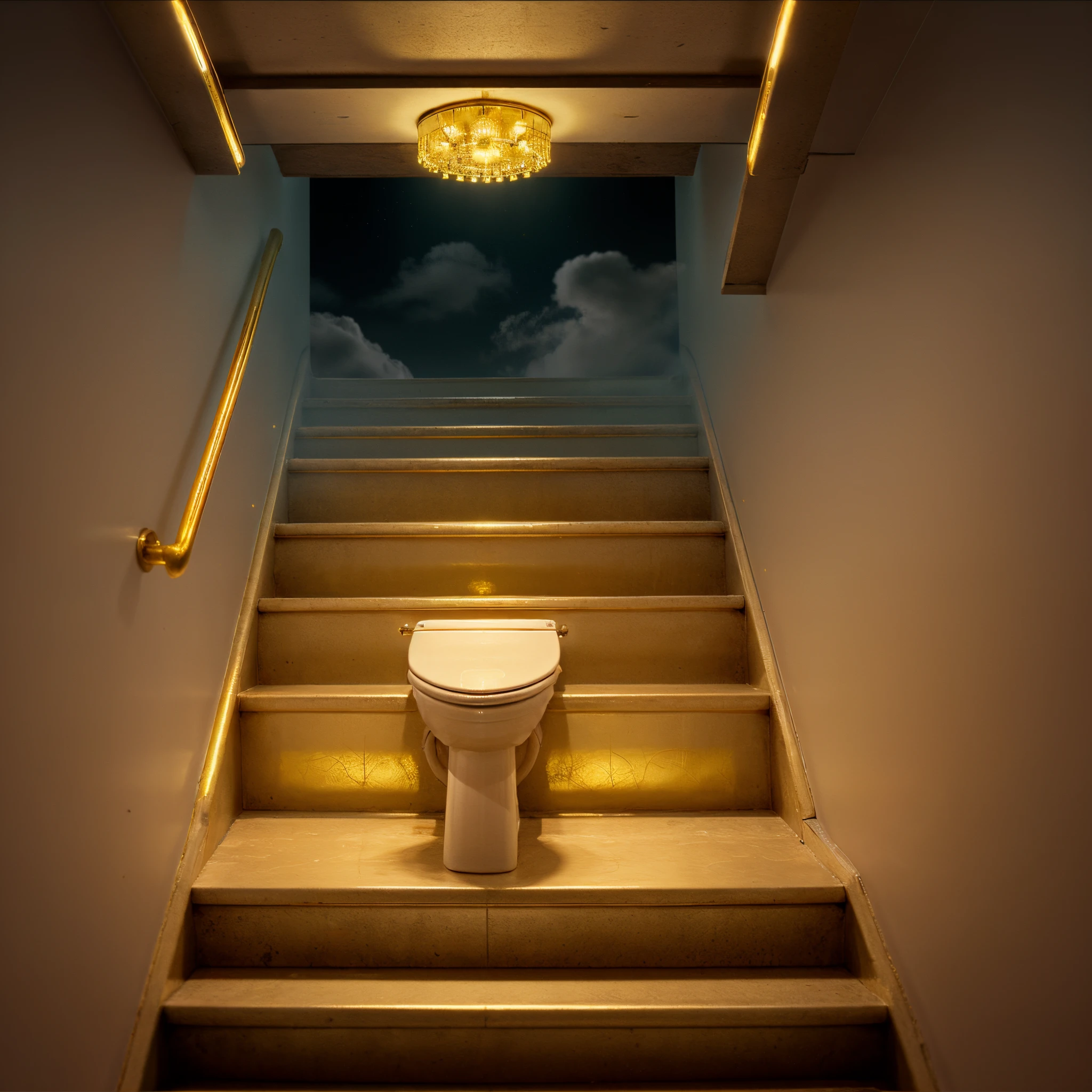 A toilet, made of gold, ok a stair way, in the clouds, neon lights , 8k , high quality, high detail