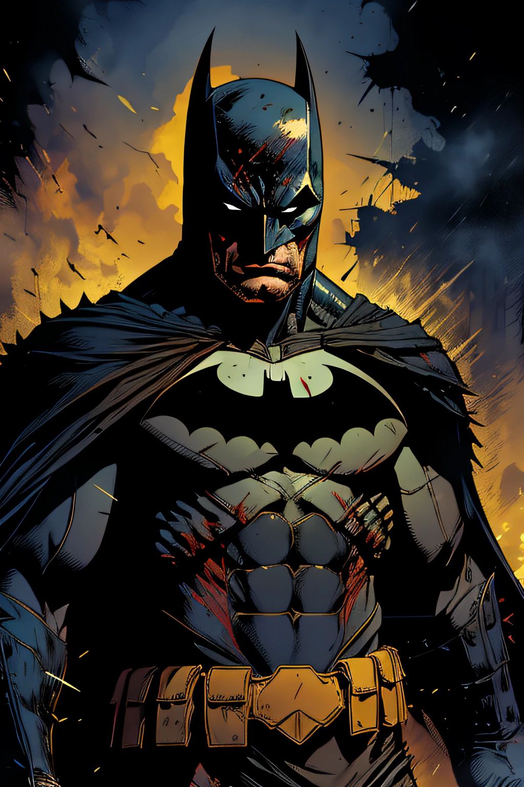 (best quality,Realistic,Altas:1.2),Escuro,viking blindado batman,batman malvado,blood tears,multiple facial scars,armadura viking escura,menacing presence,noite escura e tempestuosa,ancient ruins,atmosfera sombria,Ominous shadows,Ventos violentos,thunder and lightning,Crimson Skies,Aura sinistra,Grim determination,pronto para a batalha,Pronto para a guerra,armamento selvagem,olhos vingativos,olhar intenso,pressentimento,guerreiro da noite,guerreiro feroz,Unstoppable strength,passos estrondosos,figura chocante,Mythical Warrior,passado assombrado,Origens misteriosas,release the fury,sinta o poder,pesadelos ganham vida,irmandade das trevas,darkness consumes everything