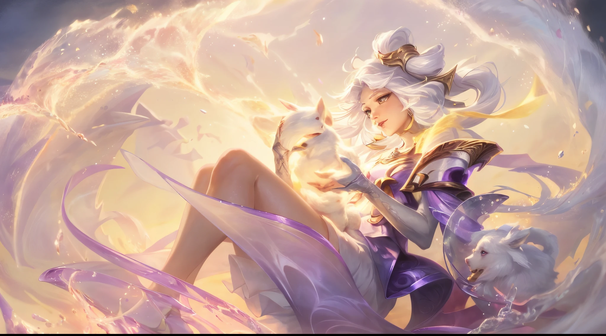 Anime girl with white hair and purple skirt holding a white rabbit, Very detailed artistic germ, serafina ali kda, Official splash art, ahri, Ash, Splash ink art, style artgerm, Most models | Art germ, Portrait of a beaver, ! dream art jem, It was warm, Irelia