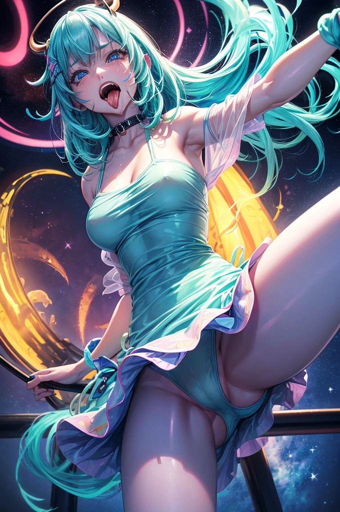 masutepiece, ultra high quality CG, Best Quality, Perfect picture, Solo, Sitting on the bed, looking off to the side, Blushing, shoulders can be seen, Best Quality, Chibi, Wizard Tea Party, the witch, beautiful witch, Happy, Vibrant, Colorful, (Seen from below:1.3), (Spread legs, Cowgirl :1.6), (Gonzo grab your breasts with your hands:1.5), (Lots of:1.8), (Peeing:1.4), (x-ray uterus:1.6), (hand gesture V) }, { (masutepiece:1.6), (Best Quality:1.8), (photographrealistic:1.7), (8K resolution:1.6) }, { (neon color side lighting:1.3), (reflective front lighting:1), (Back lighting:1) }, { Beautiful 24 years old, ((Glowing blue eyes)), (Laughing:1.3),(weeping:1.4), (Mouth open:1.5),(Tongue out:1.7),(wide-eyed:1.6), (Shiny skin:1.4), ((Slender body)), large firm breasts, (Neon Color Hair:1.2), (Straight long hair:1) }, { (translucent:1.4) Leotard, Off-shoulder, See-through pantyhose, high leg stockings, Neck choker }